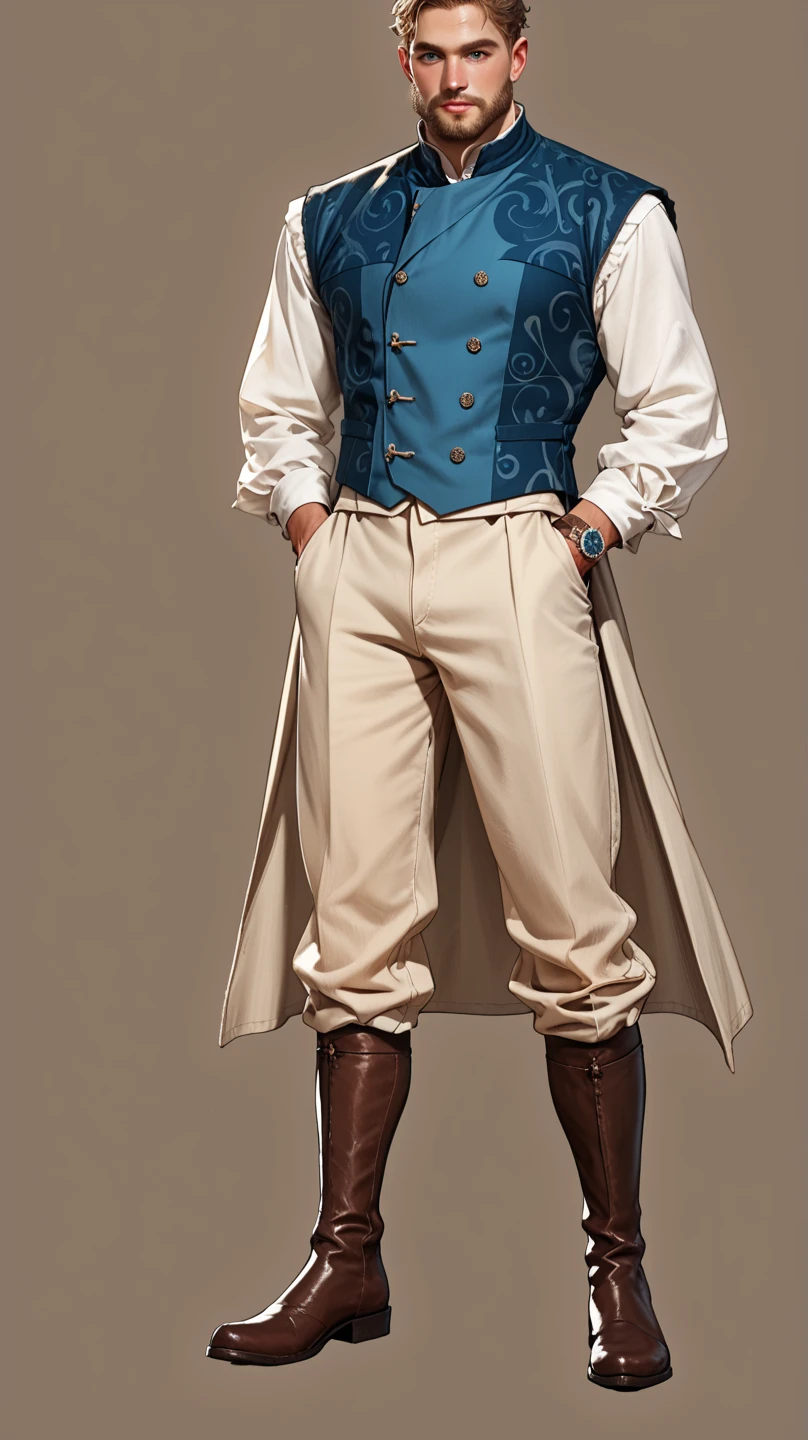 Full-body concept art of a noble medieval character for a tabletop RPG, featuring a short beard, loose white shirt, light blue patterned fitted vest, beige trousers, and tall boots