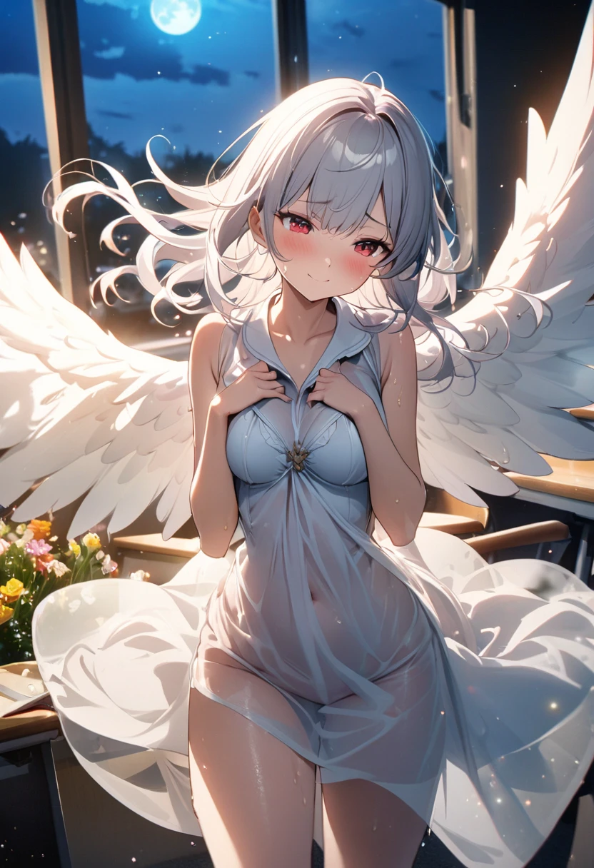 ((masterpiece)), (Highest quality), (Simple style), Silver hair, long hair, blue eyes, heaven, angel wings, naked, tattered clothes showing her breasts