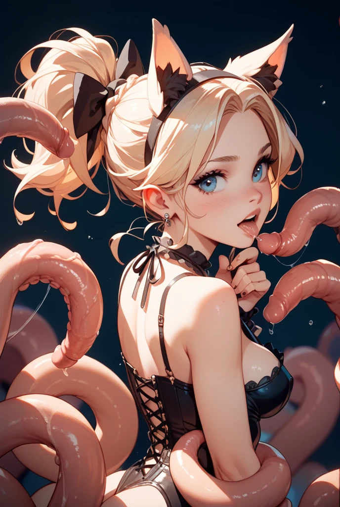 ((best quality)), ((masterpiece)), (detailed), 1girl, off-shoulder sweater, in the dungeon,Small space,Covered with tentacles, Tentacles around the body, many tentacles, Fine details,Tentacled,Tied with tentacles, drooling,Crying,Detailed body,Full limbs,NSFW