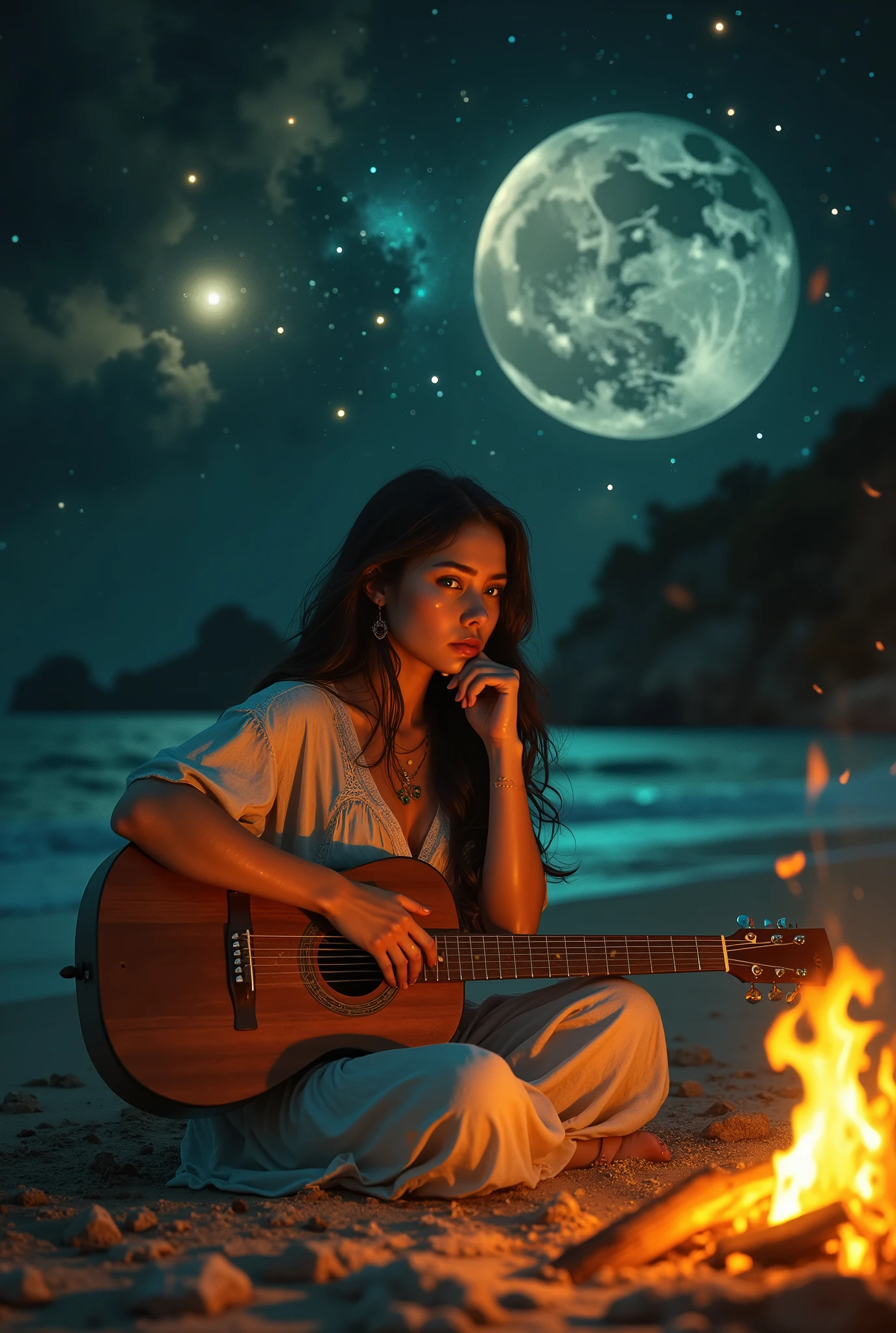 A breathtakingly beautiful young woman of Slavic descent, aged 20-25, with long flowing dark hair and captivating emerald eyes, sits gracefully by a crackling campfire on a moonlit beach. Her pose is relaxed yet elegant; legs crossed at the ankles, she leans slightly forward, her chin resting gently on her hand, a pensive yet serene expression gracing her features. She wears a flowing, cream-colored linen dress, cinched at the waist with a rustic leather belt. A worn, intricately carved wooden guitar rests across her lap. The moon, a radiant pearl in the inky sky, casts a silvery glow upon her, illuminating her delicate features and the intricate details of her dress. Countless stars shimmer like diamonds scattered across the velvet black canvas of the night sky, mirroring the sparkle in her eyes. The campfire casts a warm, orange-yellow light, contrasting beautifully with the cool blues and blacks of the night. The sand is a fine, pale beige, gently textured by the tide. The surrounding environment is depicted in a hyperrealistic style, with a focus on the interplay of light and shadow, evoking a sense of peace and tranquility. The scene is composed from a low angle, emphasizing the grandeur of the night sky and the woman's captivating beauty. The overall mood is romantic, mysterious, and deeply evocative, reminiscent of classical Romantic painting and contemporary photorealistic art. The guitar's smooth, polished wood contrasts with the rough texture of the beach stones near the fire. The colors are rich and saturated, emphasizing the vibrancy of the scene.