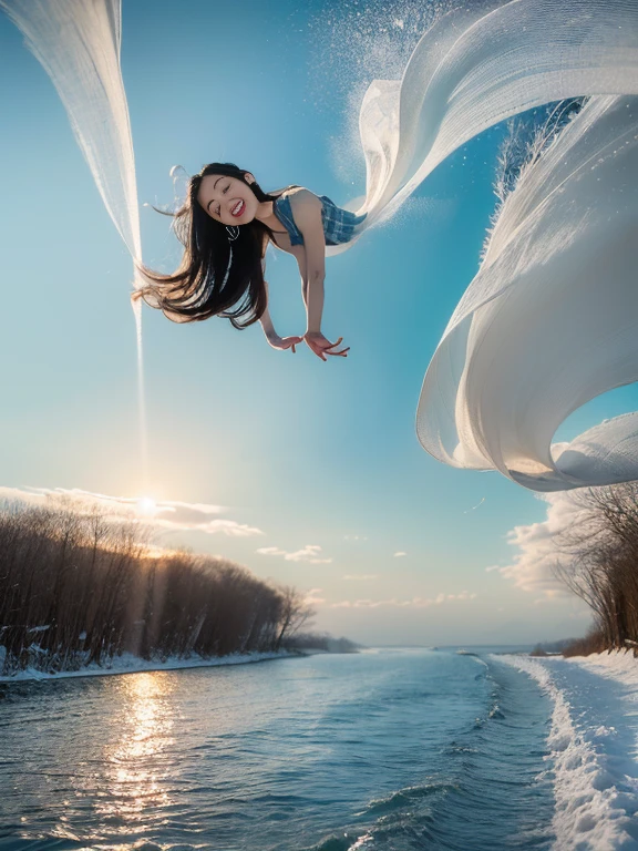A wilderness with falling snowflakes,Best quality at best,tmasterpiece,1 Happy girl jump ,Semi-naked breasts,Stereoscopic effect,超高分辨率,high detal,Photo style,hyper realisitc,Ultra high quality,Anatomically correct