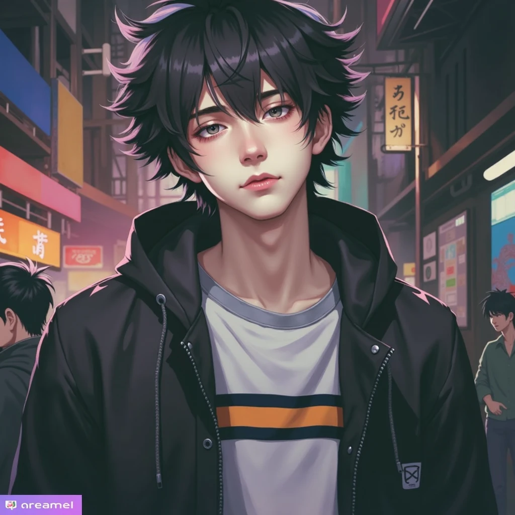 23 year old young man, faded curly hair, medium hair, black hair, purple eyes, good features, modern black jacket with purple details, black t-shirt, black pants with purple details, cyberpunk details,