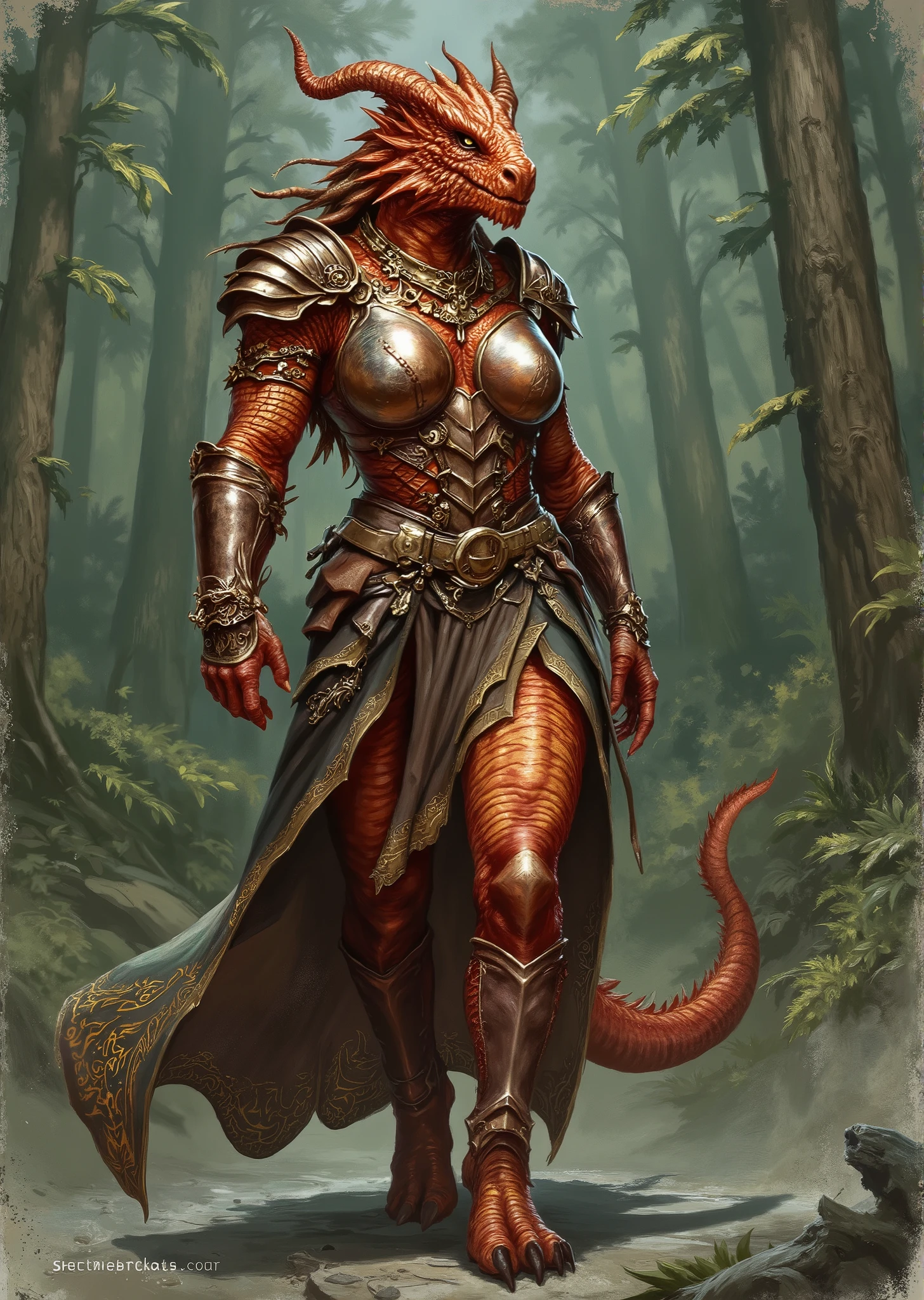An extremely detailed comic book illustration of an extremely curvaceous Metallic Copper Dragonborn from Dungeons and Dragons which look like wingless bipedal dragons scaly bright-eyed and thick-boned with horns on their heads with a copper coloration trained as a barbarian following the Path of the Wild Heart from dungeons and dragons heavily muscled powered by the primal forces of the multiverse that manifest as Rage more than a mere emotion this Rage is an incarnation of a predator's ferocity a storm's fury and a sea's turmoil with bestial features such as a bear's resilience an eagle's speed a wolf's cunning an elephant's strength an owl's wisdom or a spider's stealth a lion's splendor a falcon's wings or a ram's horns wearing a form fitting sleeveless tunic which appears tough and rugged and emphasizes her massive breasts and extremely long legs with ornate shoulder pads that are intricately designed made of hardened leather a broad embellished belt cinches the tunic adorned with metallic accents and intricate patterns with various decorative elements hanging from it suggesting both style and functionality over a flowing layered skirt that is shorter in front and longer in the back made of a rich fabric whose hem is trimmed with golden details with hardened leather arm guards or bracers that complement her outfit and provide extra protection blending functionality with an aesthetic that signifies her strength and nobility as a warrior in an art style inspired by Frank Miller and Conan the Barbarian. The Background is awash in textured brushstrokes of forest green and natural earthy tones. Standing in a dynamic action pose. Trending on Art Station.