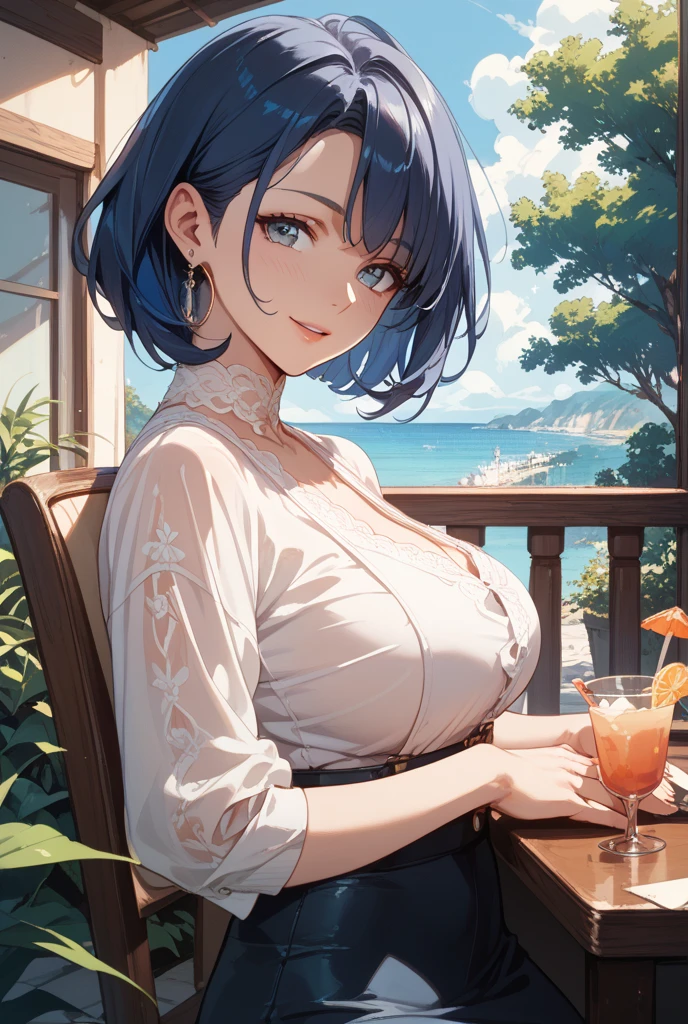 (Highest quality:1.4、8K:1.4、detailed)、F cup bust、Big Breasts、Slim body、Very white beautiful skin、((((1 person、smile、Surprised expression、sit、Chair、In the background are the urban buildings of Tokyo、looking at the camera、Indoor cafe terrace、Navy hair color、Straight Long Hair、juice、Shooting up close、Shooting from an angle、table、Very cute face))))、((((nude、Areola))))、(((Off-the-shoulder blouson)))、(Pose with hair tucked behind ear with one hand:1.6)、Nipples、Very blue sky、A completely cloudless sky