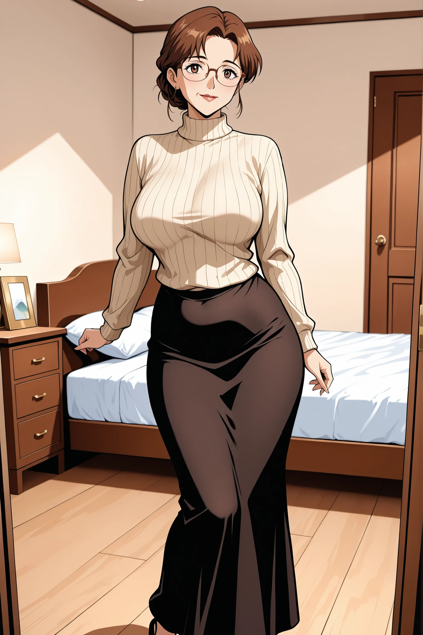 A forty years old woman, curvy, with brown hair and brown eyes, glasses, wearing a sweater and long skirt, in a bedroom, in full view in a highly detailed anime style