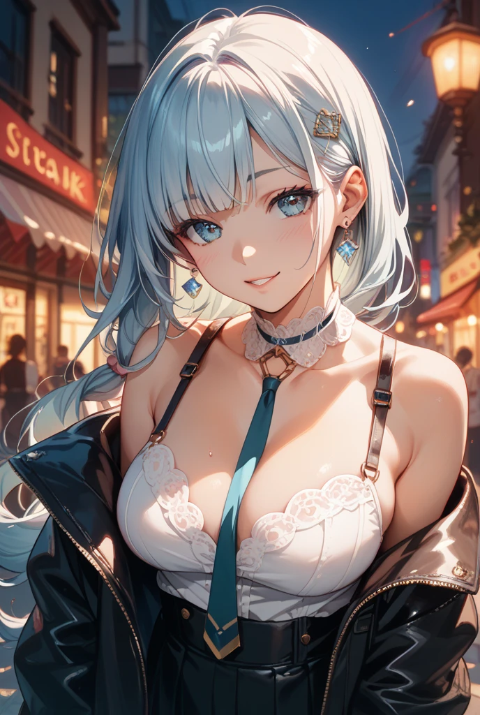top-quality、Top image quality、masterpiece、girl with((18year old、 Beautiful Aloha Shirts、Black bra、Blue long trousers、Best Bust、Bust 85、a blond、Semi-long、Blue eyes、open chest wide、Valley、Happiness、A slender、Troubled face、Gold Earrings、Silver Watch、Hold hands with your audience))hiquality、Beautiful Art、Background with((movie theatre)、masutepiece、Elaborate design、visualart