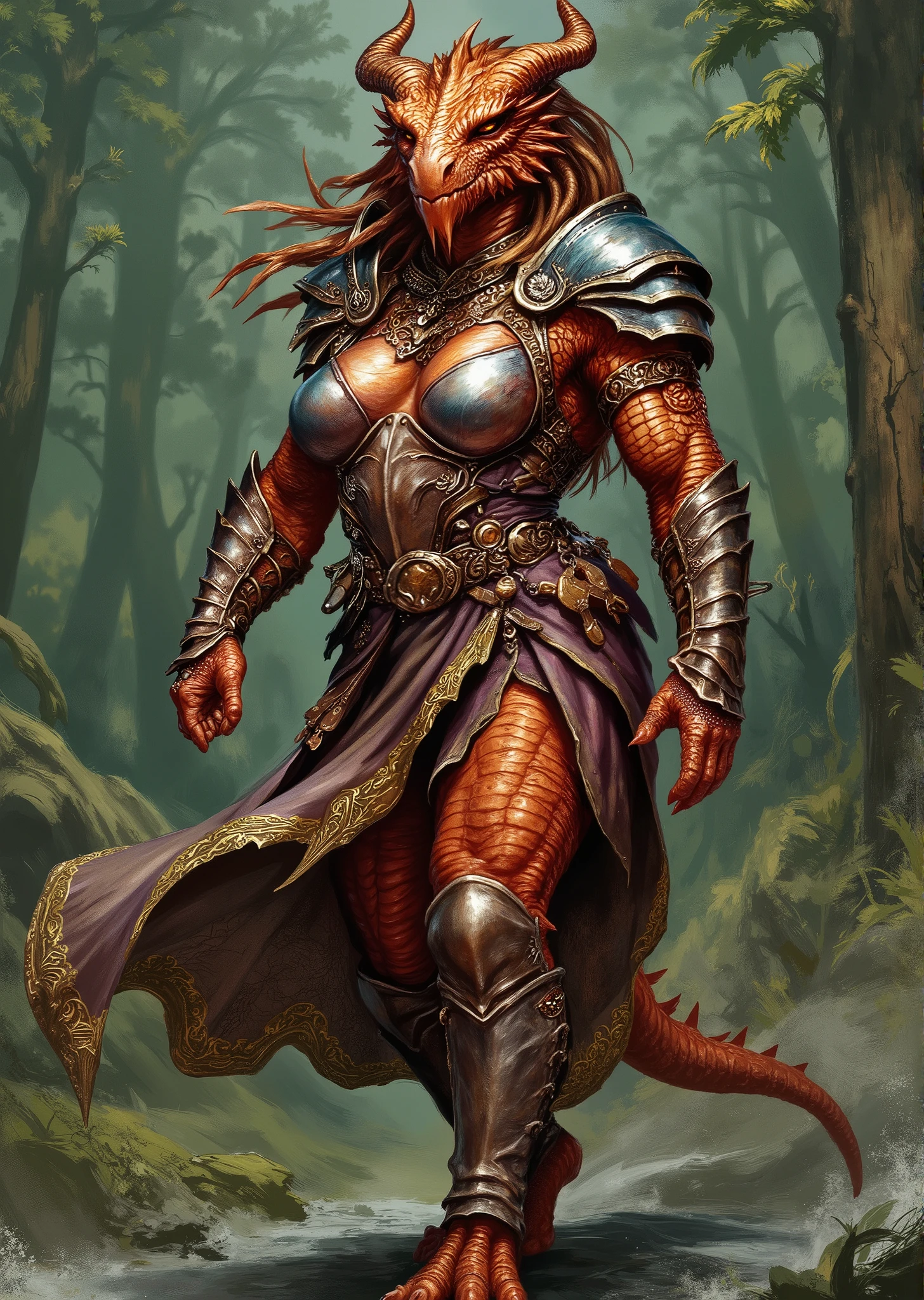 An extremely detailed comic book illustration of an extremely curvaceous Metallic Copper Dragonborn from Dungeons and Dragons which look like wingless bipedal dragons scaly bright-eyed and thick-boned with horns on their heads with a copper coloration trained as a barbarian following the Path of the Wild Heart from dungeons and dragons heavily muscled powered by the primal forces of the multiverse that manifest as Rage more than a mere emotion this Rage is an incarnation of a predator's ferocity a storm's fury and a sea's turmoil with bestial features such as a bear's resilience an eagle's speed a wolf's cunning an elephant's strength an owl's wisdom or a spider's stealth a lion's splendor a falcon's wings or a ram's horns wearing a form fitting sleeveless tunic which appears tough and rugged and emphasizes her massive breasts and extremely long legs with ornate shoulder pads that are intricately designed made of hardened leather a broad embellished belt cinches the tunic adorned with metallic accents and intricate patterns with various decorative elements hanging from it suggesting both style and functionality over a flowing layered skirt that is shorter in front and longer in the back made of a rich fabric whose hem is trimmed with golden details with hardened leather arm guards or bracers that complement her outfit and provide extra protection blending functionality with an aesthetic that signifies her strength and nobility as a warrior in an art style inspired by Frank Miller and Conan the Barbarian. The Background is awash in textured brushstrokes of forest green and natural earthy tones. Standing in a dynamic action pose. Trending on Art Station.