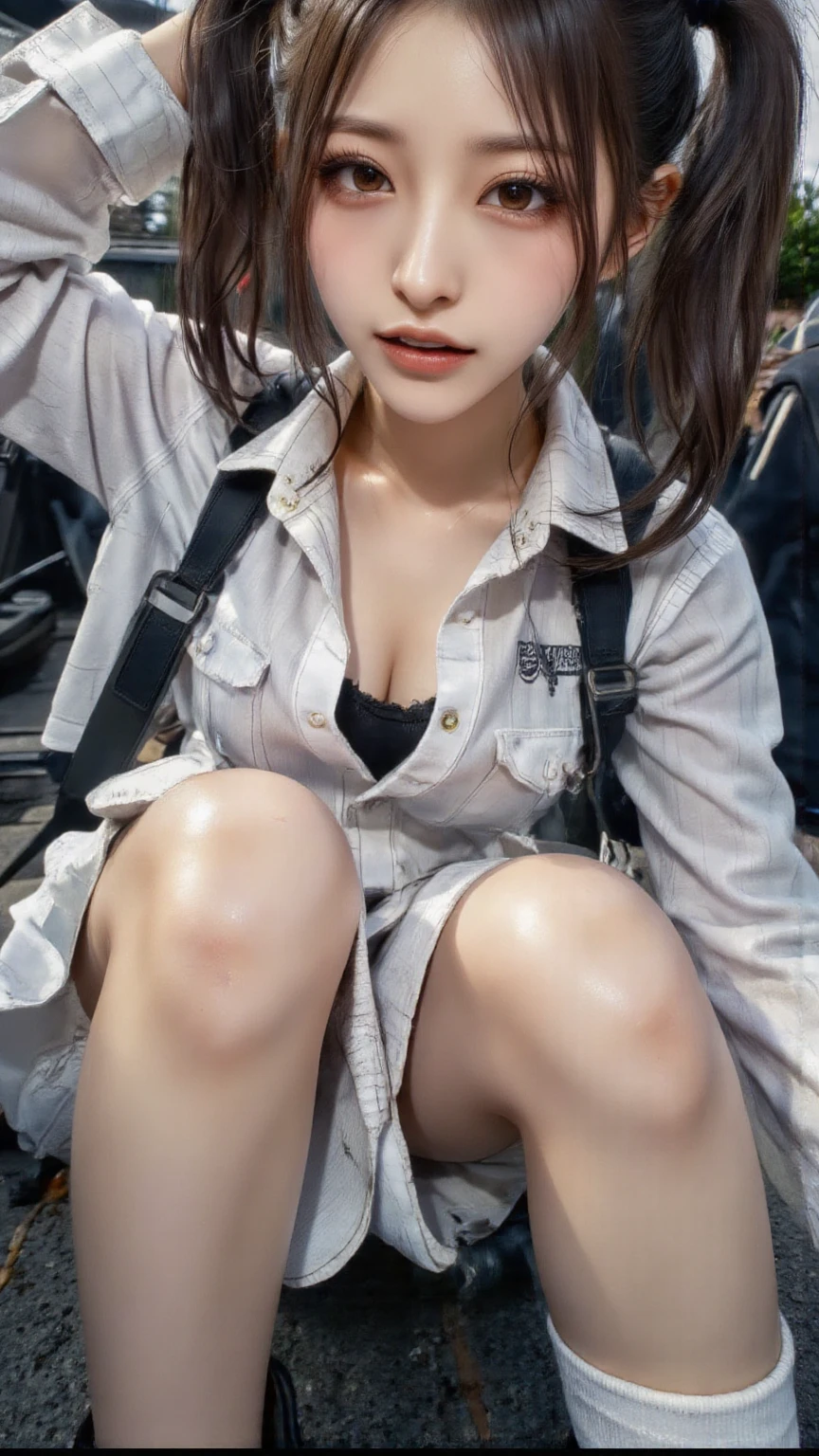 Urban Beautiful Girl College Student,tmasterpiece,Light makeup,Redlip,Silvery hair,Messy long hair,streets background,gracefulness,Elegance。ultra fine detailed,Works of masters,Authentic texture,Cinematic lighting realism,perfect works,8K,k hd,Delicate facial features,White tight open-cut top,Clear white skinny shorts,Slim figure,Big bright eyes,Smooth skin,eardrop,(shibari,Behind the arm:1.4),(Place your hands behind your back) handcuff,Moisture spray,shackle,weeping,Between the legs, Insert the meat-colored stick,A milky viscous liquid flows from between the legs,Insert a tube between your legs,Pregnant women with,Large amounts of colored liquid,Drug injections,Huge ,Pull beads,Yin ring,Nipple studs,Yin chain,Punk collar,A large number of medical syringes,Lots of sex toys,A large number of drugs,Casual pose,Exposing the ,Mouth open,Stick out her tongue,There is a complex heart-shaped tattoo on the lower abdomen,The uterus is outside the body,Medical needle insertion,Medical syringe itself,