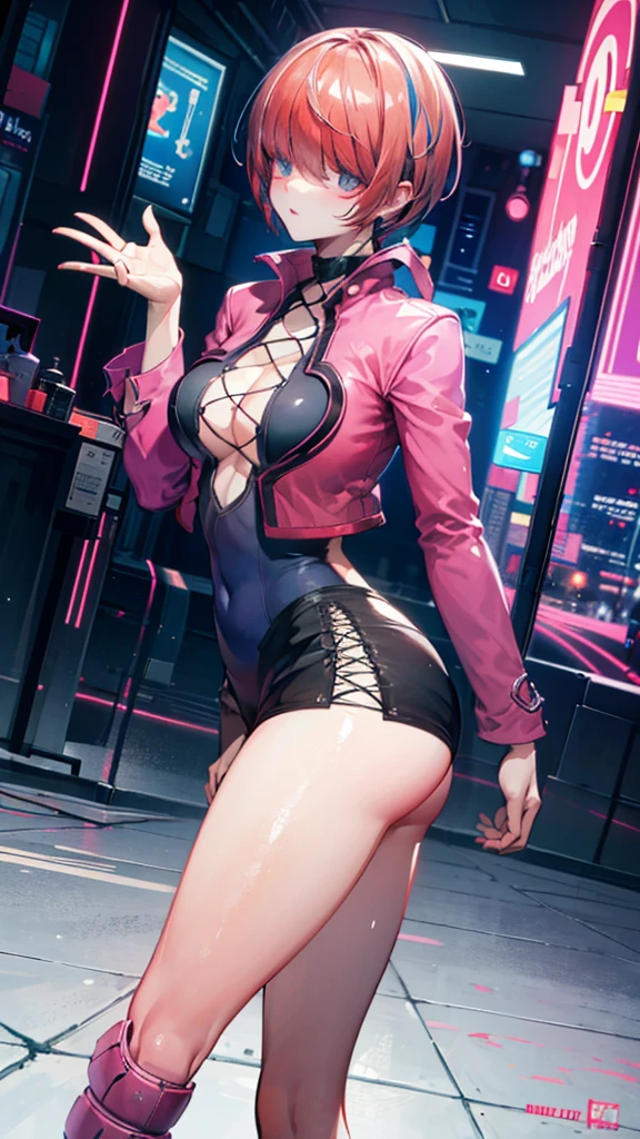 Big perfect ((Space Punk Girl)),(((1 girl))),((beautiful Girl)), ((Saggy breastsray Hair, Dirty black hair, Inner hair color)), Long Hair , ((intricately cut hair)), (((Neon pink eyes: 1.4))), beautiful detailed eyes, Very sexy body, (((ort sweatshirt, Short sweatshirt, Complex sweatshirts)) )) Flowing Cyberpunk Skirt, Revealing clothing, Show some skin, ((((Underbust)))),((Cleavage))(((Cybeothing, Complex clothing, Complex clothing))) (((Light Skin: 1, 5, Sunburned skin, Glowing Skin) )), ((Firm Abdomen)), Wide Hips, Moving objects, Sexy Legs, Detailed body,Detailed face)), (Graffiti on clothes), (Half naked, dress up a little, bat) ((Sexy pose)), alone, Embarrassing,gh resolution, Sharp focus, (Very detailedな, Very detailed), (Perfect art) (Very detailed), (((Bright colors))), (Background Complex), (Tabletop), (Highest quality), Synthwave Neon Colors, (((beautiful, Conclusion, attractive, erotic))), (((Browsing Caution))), Cnk seaside town at night, Puddle with bright and dark storm clouds and neon sign, scenery: 1 , 30,ハイヒール、(ラブホテルのベッド:1.8)