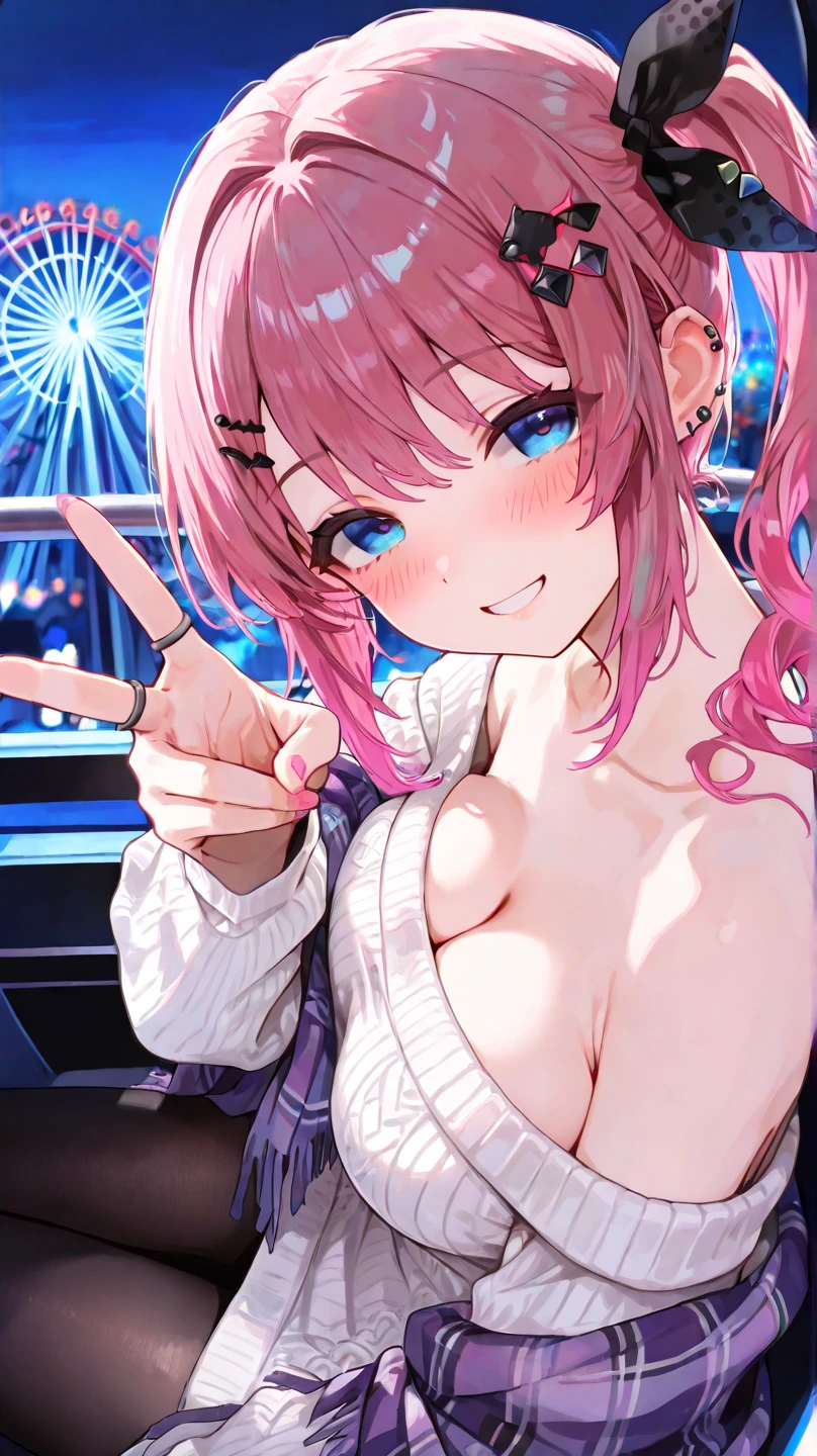 March 7th\(honkai_starrail\), nsfw, masterpiece, 1 girl, erect nipples, intricately detailed, topless, navel, hotpants, bare shoulders, choker, blue sky, belobog, erect nipples, puffy nipples, extremely detailed, bare breasts, nipples, bare stomach, sweaty, moist breath, medium breasts smiling, collarbone, wet body, saliva, pink hair, ray of lights, encore, multi colored eyes, smiling, holding selfie stick, bracelet, holding coffee cup, one eye closed, open mouth, city, people on background, sneakers, full body, happy