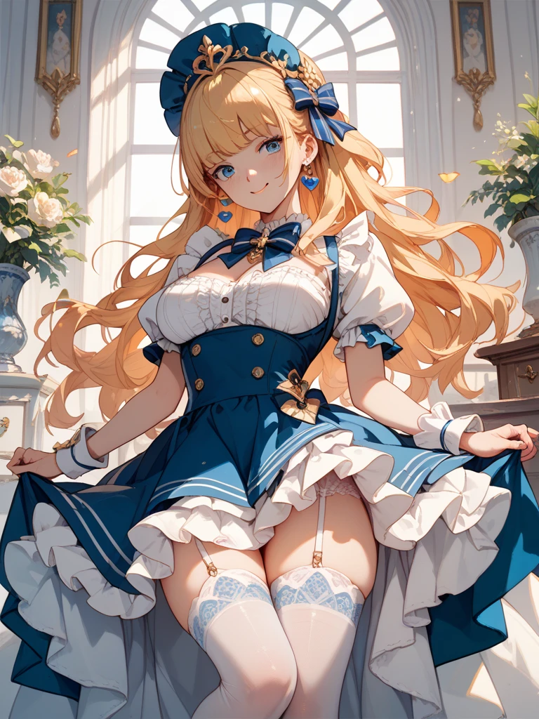 photo realistic, (masterpiece,best quality:1.4),(8k,raw photo,photo realistic:1.2), detailed skin, detailed face,Lolita,1girl,Japanese idol,cute face, Not Safe for Work, (raw photo, photo realistic: 1.2), 1girl in, length hair, (NO panty), (pussy), blue eyes, blonde hair, light smile, ((shiny wavy hair)), diadems, jumping, A pose where can you be seen from below, doress, the bow, (clock, wonderland), gothic dresses, shairband, movement, looking at the viewers, shortsleeves, the bow hair, blue shairband, a smile, red blush, hand on own face , Blue Doress, Alice (Alice in Wonderland), Hair Between Eyes, White frilled legwear, ((Blue the Bow)), A Throne, Puffy Sleeves, Put Your Hand on Your Cheek, Bangss, Apron Dress, shortsleeves, ((Blue bow ribbon)), long hair, (mini crown), foot out of frame, frilld, white gothic dresses,: q, masterpiece, top-quality, (worn skirt, twat, camel's toe)), not safe for work, lolita, , 8-yo, braided bangs,beautiful legs,