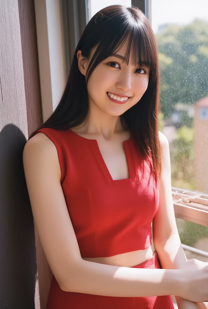 Raw photo, (Polaroid photo, A photo that looks like it was taken with a Polaroid camera:1.1),One girl photo, (((Sexy pose))),(Wearing a red dress, はにかんだsmile, Sky Porn, smile, Sleeveless,:1.3),Stand and stare at Kubrick, Dripping Sweat, Shining sunlight, Day Light, (CMYK Hair, Layered Hair:1.36), Front view, Glowing Skin (Jewelry store :1.4), summer,Natural skin texture, Hyperrealism, Ticker, Hyper Details, Raw photo,Realistic, highest quality, High resolution, reality, 8K, Caustics, Dynamic Light, Beautiful and delicate lips, Delicate fingers, Detailed pupil, Real human skin,