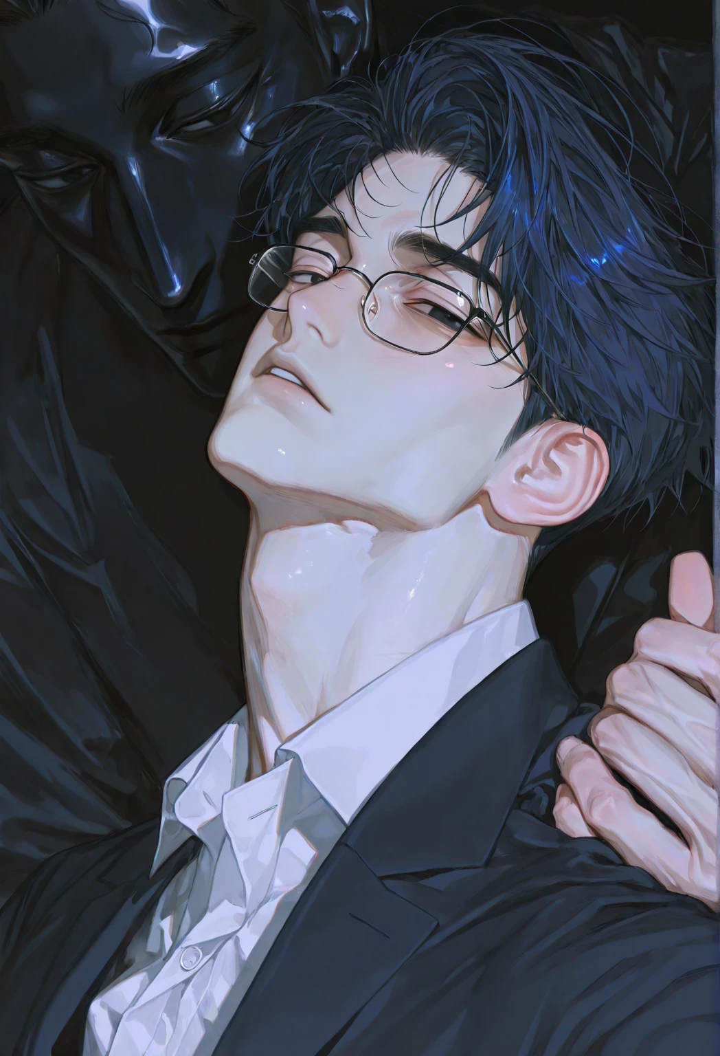 Male focus, tongue licking, orgasm face, forced blowjob, penis, muscular tentacles, four-sided tentacles, penis, rape, center parted hairstyle, short black hair, badly torn business suit, white shirt and black tie, semen squirting Inside the anus, tentacle anal insertion. A large amount of cloudy liquid poured down on his body, and he was restrained by countless tentacles surrounding him.
