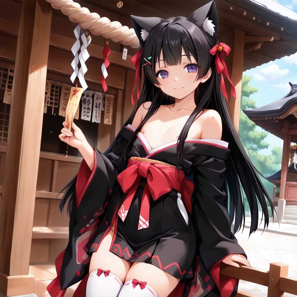 (Fox Girl, Fox Ears, Black colored hair, Fox Makeup, One Girl, Long Hair:1.6), (kimono, Kimono with open chest, A beautiful kimono with red and black patterns, I can see her cleavage, Open chest, Exposed skin:1.8), (Body size is 100-70-90!, Nice body, Big Breasts, Soft breasts, Emphasize cleavage, Knees are slightly visible, Muscular, Abdominal muscles, Grab your own chest:1.9), Avatar, face, lewd face, Dominant representation, naughty face, Uplifting, Skin Texture, outside, Grassy field