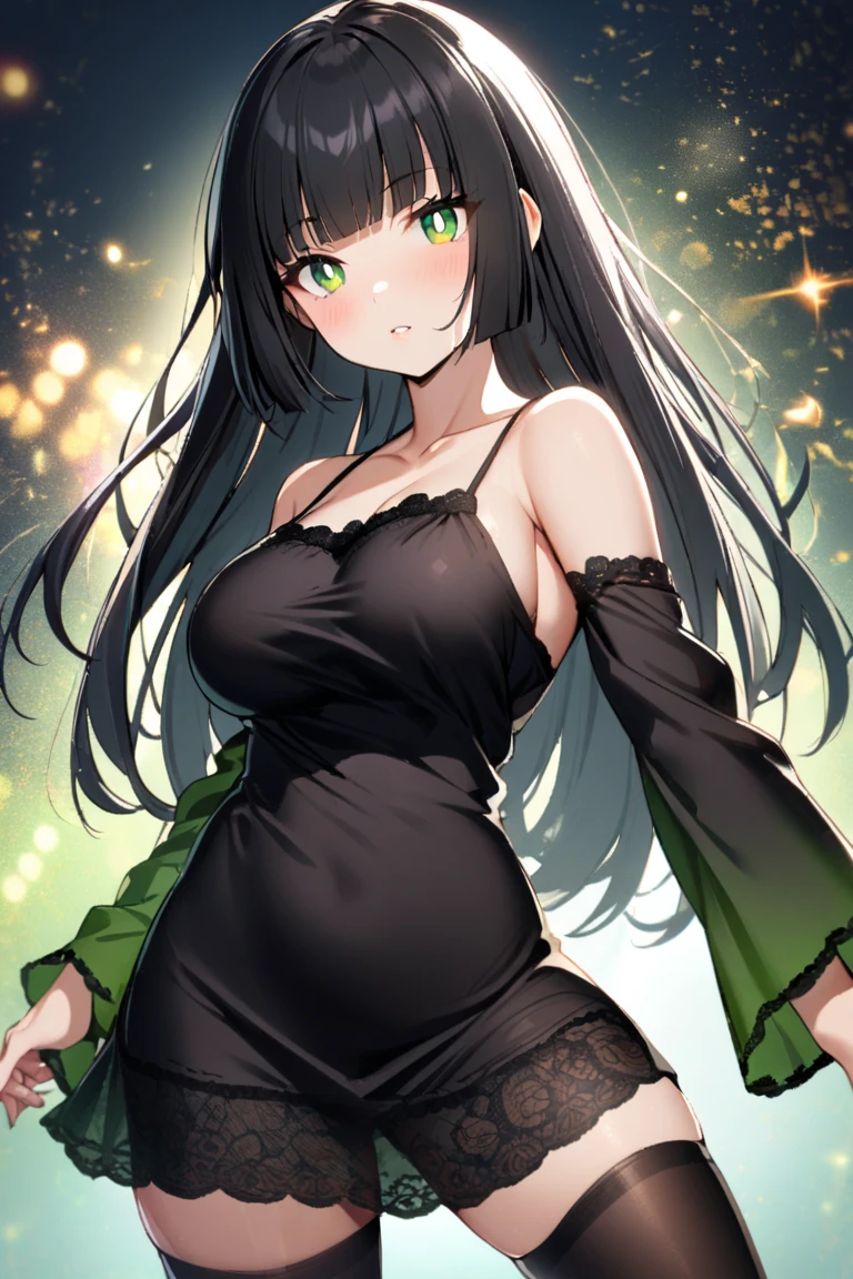 (top quality, masterpiece, high quality, ultra-delicate), ((beautiful girl)), (smooth dark black hair), mature, graceful curves, (long hair, long bangs), vibrant bright green eyes, detailed eyes, modern clothing, fashionable clothing, black collar, full body black v neck sleeveless dress, casual ribbon, large chest, charm, fashion, sunset in the background small blush, thick thighs, large breast, green earrings.