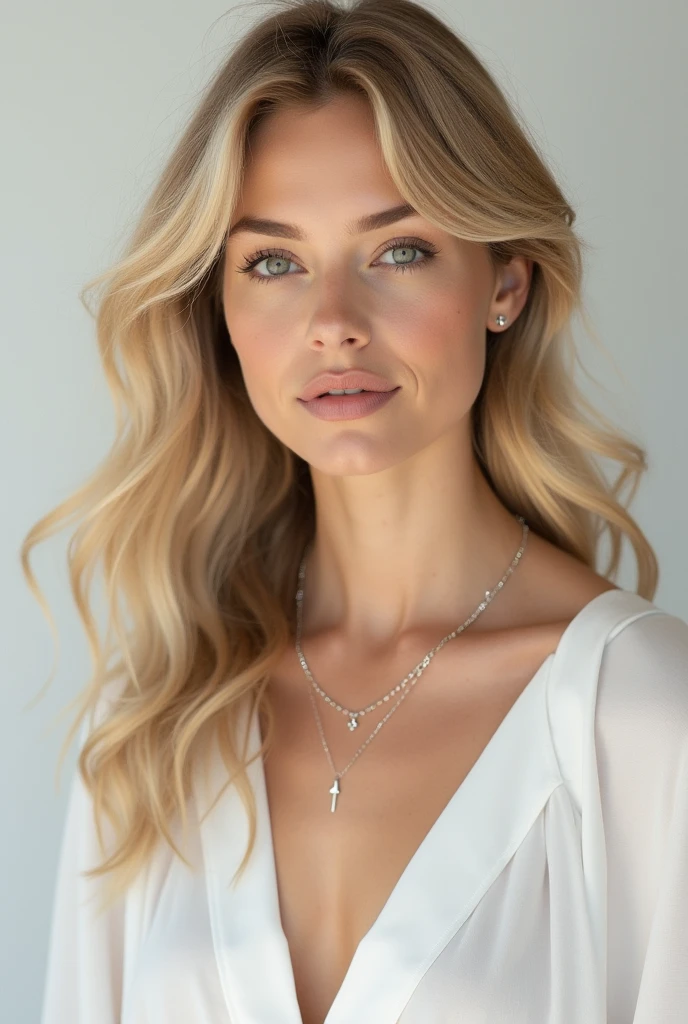 hyper realistic,,aqheodd, realistic style, a woman with long blonde hair posing for a picture, 1girl, solo, long hair, looking at viewer, smile, blue eyes, blonde hair, simple background, dress, jewelry, upper body, necklace, lips, cross, realistic, sharp focus, warm light, cozy, charming, intricate, elegant, generous