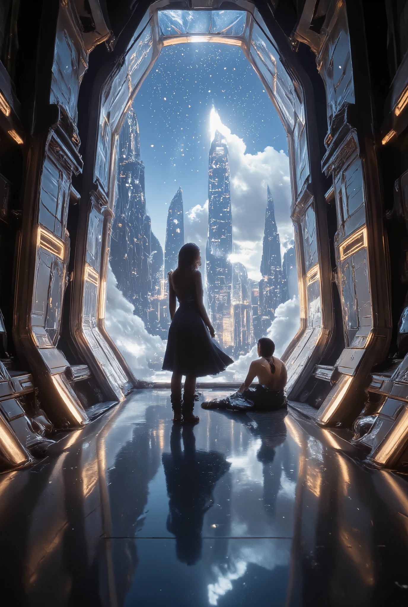 A very extremely large, modern, futuristic alien city with large windows in high orbit floating around among the stars with a beautiful couple living there.