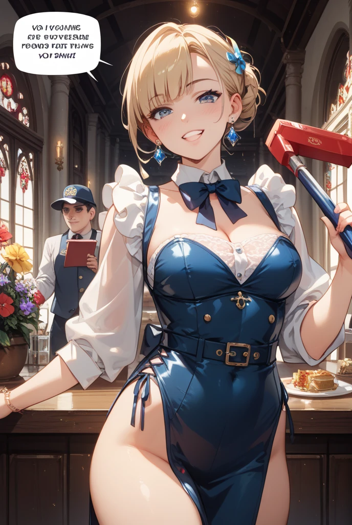 (masterpiece image, very detailed image, best high quality high definition image), solo character
1woman 40 years old beautiful swedish woman milf, fair skin, light blue eyes, wavy yellow gold hair, absolute beauty, aristocrat, wealthy powerful woman, serious face, big breasts, voluptuous figure, huge butt (headbang bith two flue flowers, silver necklace, white gloves, leotard, white blue hoses, gold high heel shoes,), standing around dinner room, night