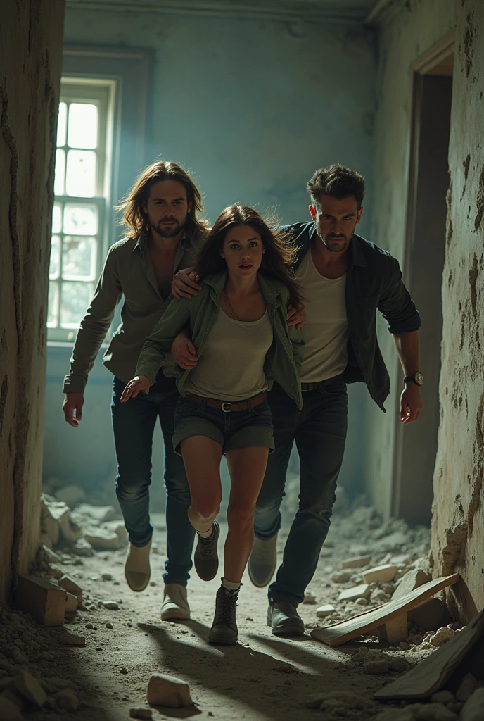first aid, injury, a street scene in the background, dramatic action pose, loveful pose, thetralic loving action, there are two longhaired girls in high-shine jackets carrying a badly wounded man between themselves, there are two longhaired girls with very angry and frustraded faces carrying a wounded man in their arms, there is a man in matte jeans and cotton shirt between two longhaired girls, there are two longhaired girls holding the legs of a man who is seted in their arms, there is a helpless and wounded man in matte jeans and cotton shirt being lifted by two longhaired girls, there is a wounded man in matte jeans and cotton shirt being held by two longhaired girls in high-shine jackets