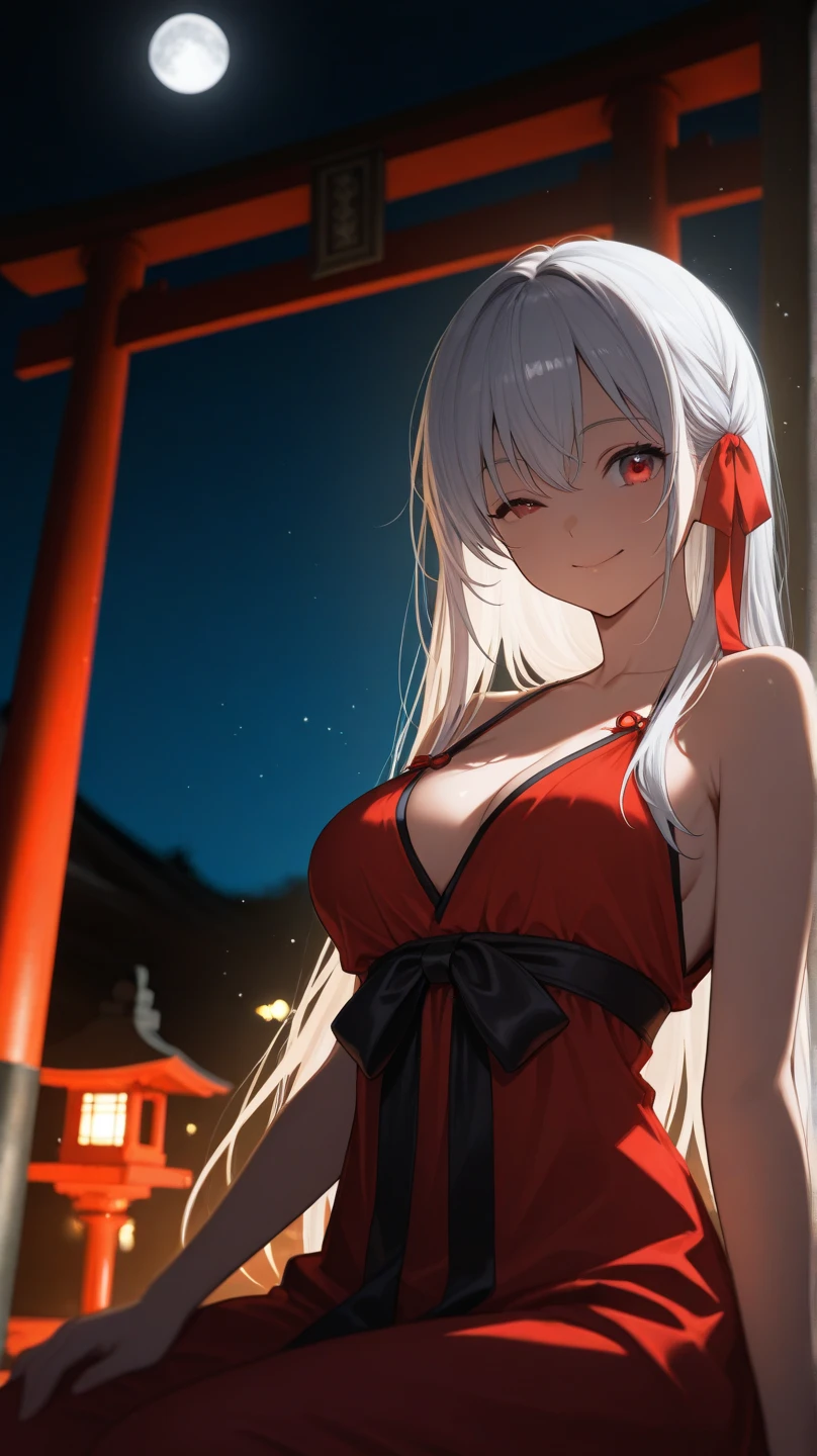 A woman wearing a red dress, white hair, red eyes, big breasts, on a roof of a modern house, with a view of a large forest at night, with local lighting, a moon, mountains in the background,HDR , ultra resolution, very detailed, masterpiece, HD 8K, (solo, just one girl)
