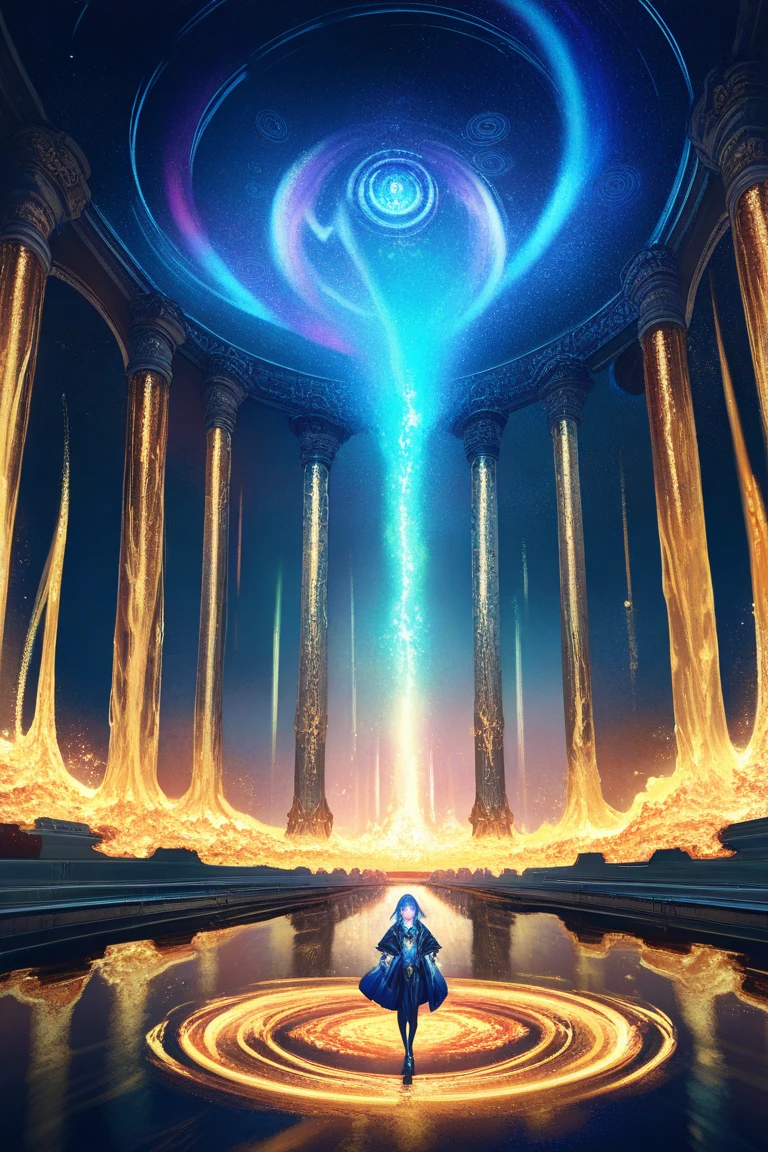 ultra-realistic, cinematic lighting, hyper-detailed rendering, 4k HDR, photorealistic textures, professional grading, perfect symmetry  
colliding golden fractals, cobalt-blue crystalline shards, molten gold droplets, neon-blue energy cores, radiant aurora trails, geometric mandala fusion, kinetic tension, metallic-liquid hybrid forms  
gradient void transitioning from midnight navy to obsidian black, subtle radial glow, prismatic refraction effects, ambient particle sparks  
neo-futurism meets baroque extravagance, luxury techwear aesthetic, biomimetic architecture style, avant-garde jewelry design, chromatic minimalism, duotone maximalism  