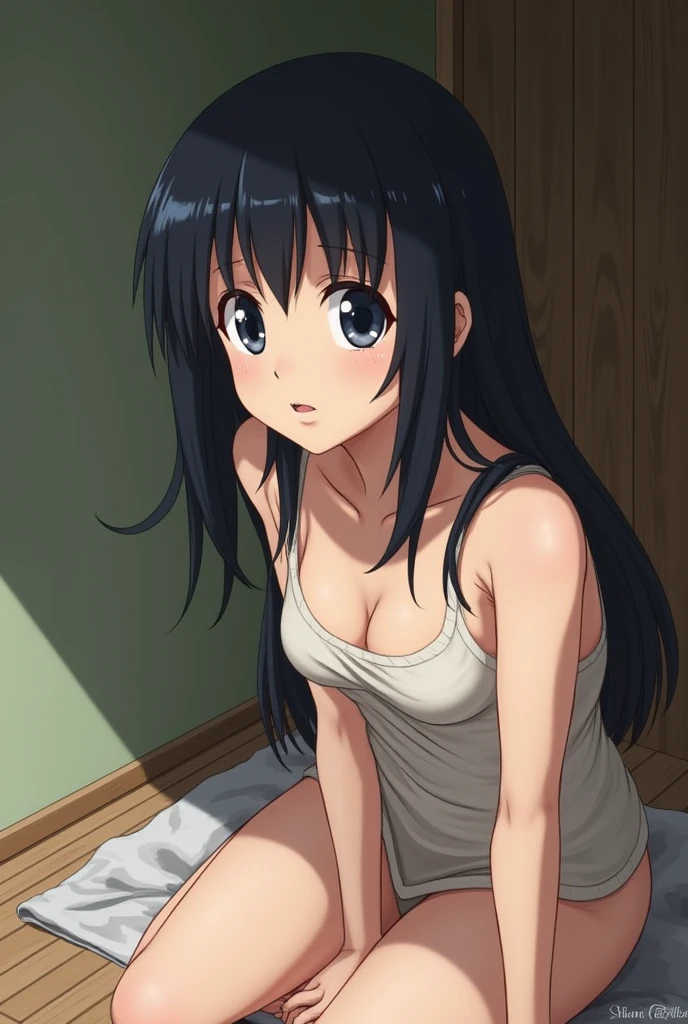 "(A true masterpiece with the best quality). In this NSFW image, a schoolgirl with a flat chest and small tits is lying down adorned in a ripped uniform, looking both shy yet eager to show off. Her cleavage and panties are teasingly visible through her ripped outfit."