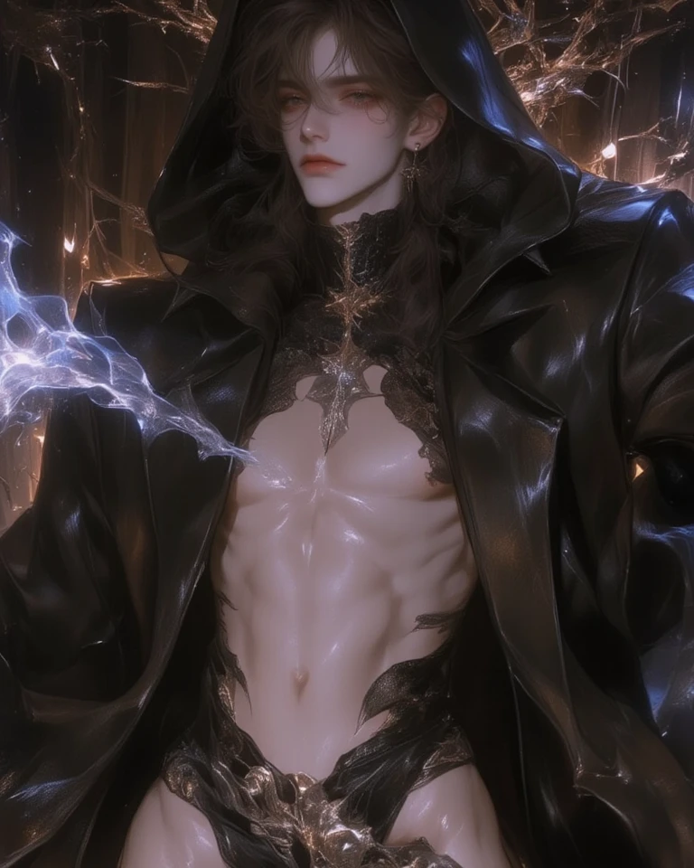 Androgynous boy wearing a black robe, Incarnation of a Deity related to the moon, Fundo roxo da joia da joia da joia, arte assombrosamente bela, Corujas, RPG, fantasia, longos cabelos platinados, Estilo anime, Perfect lips, pele de porcelana, - Olhos realistas, HDR, UHD, 64 mil, studio lighting, realista, hyper realistic, simetrical face, Motor irreal, Bokeh, high - resolution scan