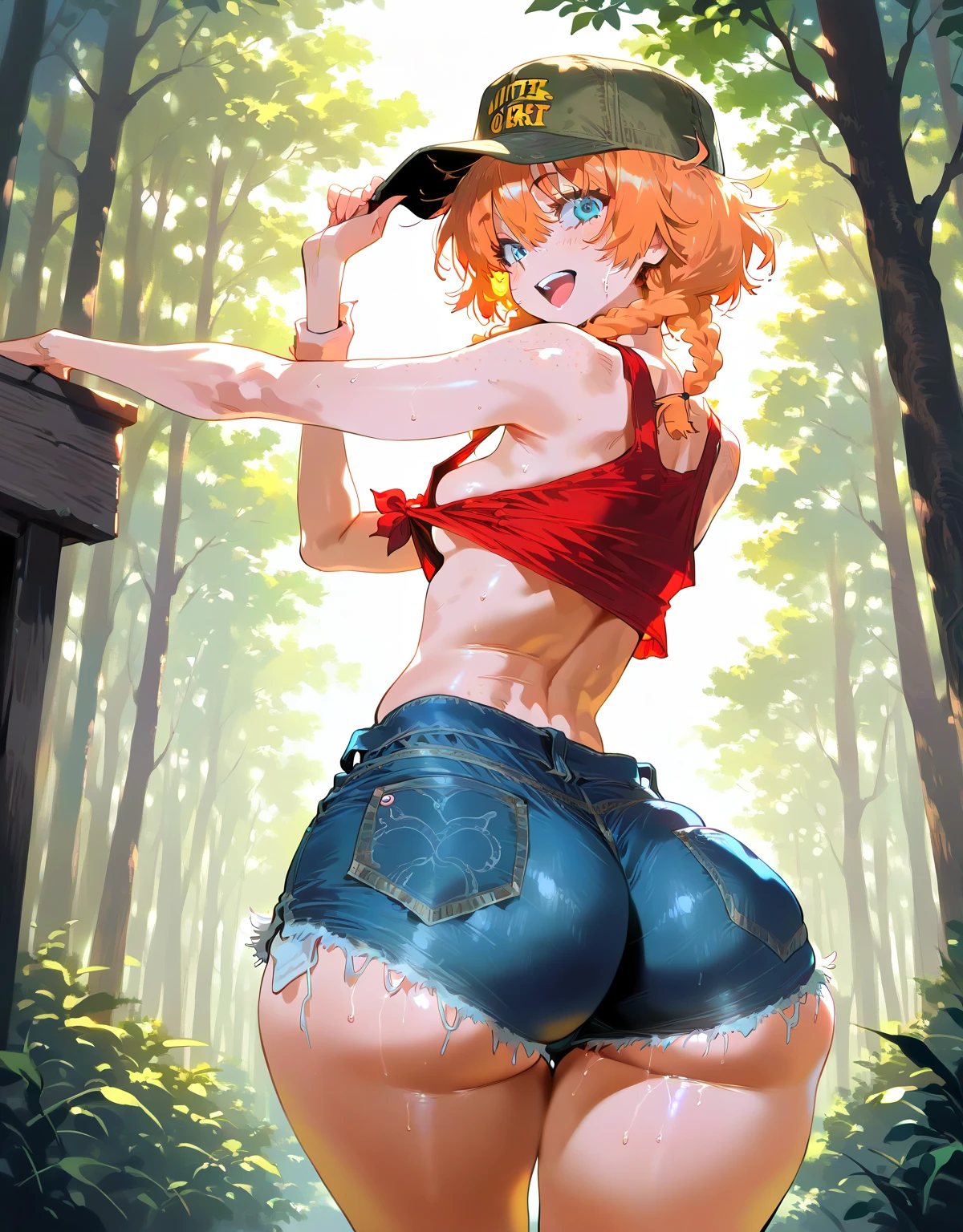 (large breasts 1.4), beautiful elf woman, ((Short Red Hair: 1.5, straight with shine: 1.5)), bright blue eyes, bright eyes, double eyelids, light effect on eyes, detailed irises, sexy, curvy body, glasses,((White Crop Top, black bra, no logo or words: 1.5, choker, tiny denim shorts, black high heels, legs exposed: 1.5,)) ((Breasts Covered: 1.5)) ((micro denim shorts, edgy sexy, Beautiful and cool, shorts)), ((Wet Clothes)) ((work of art, hyper-realistic, hyper detailed, Best quality, 16k, light and shadow on skin, vivid colors), eyeliner, Thin eyebrows, Lustful expression: 1.5, perfect lips, sexy mature face, ((skin with light and shadow)) flirting lustfully with the viewer: 1.5, lots of freckles, full lips, extreme blush, lustful smile, ((kneeling: 1.5, grassy field in forest,)), nighttime, starlit sky, full moon, rays of light, masterpiece, ((Hands on breast: 1.5, biting lower lip)) ((Dutch Angle)), ((Looking at viewer)) ((back view))