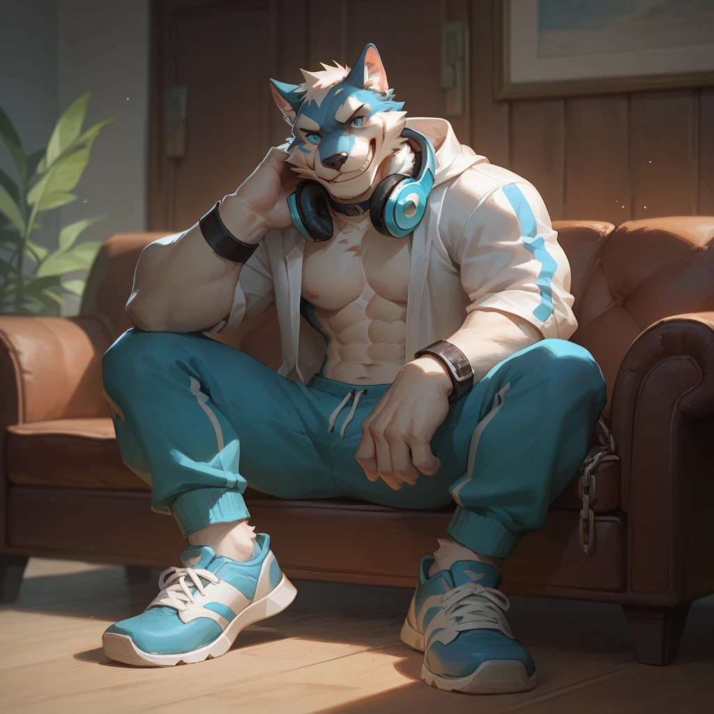 Protogen macho masculino musculoso (extremamente peludo) furry protogen sitting on the couch fiddling with his phone with a bucket of chicken thigh all over the dirty shirtless wearing only a denim jacket and extremely detailed jean shorts 4K shadow definition well done high definition HD