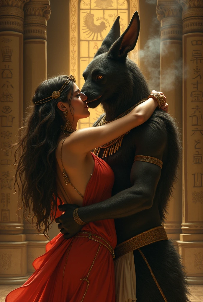 The god Anubis had sex with a human man who has very long and straight hair