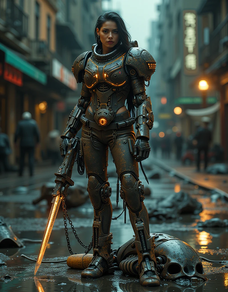 a beautiful woman in power armor, detailed facial features, short black hair, bionic eye, warhammer 40k adeptus sororitas, intricate details, hyper realistic, cinematic lighting, dramatic atmosphere, vibrant colors, masterpiece, best quality, 8k, photorealistic