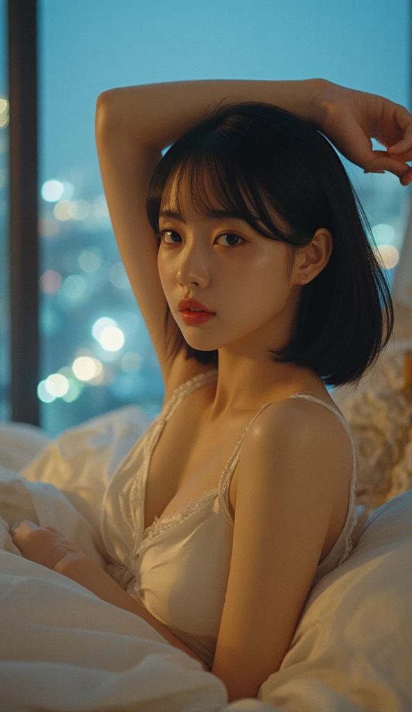 A very cute face like an idol、One 20-year-old woman with a youthful appearance、((leica 50 mm prime lens, cinestill 800T film))、(Cleavage)、(((Looking at the beautiful moon in the night sky from the window in my room)))、((Very dim lighting))、((Don't expose your face to the light))、((Long-distance shot))、RAW Photos、Genuine、live-action、(Artistic Expression)、High resolution、masterpiece