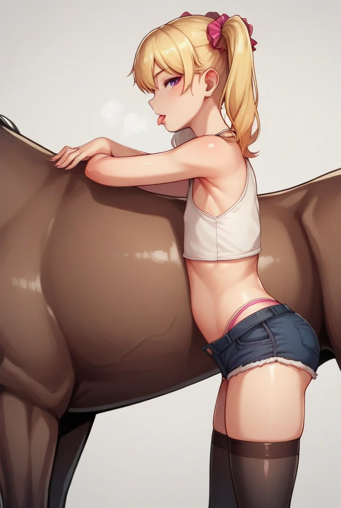 rating_safe, score_8_up, score_7_up, score_6_up, uncensored, small , freckled skin, cute face, kid-likroportions, big eyes, (((long blonde hair, bangs, braided ponytail))), tiny prepubescent texan cute cow-girl kneeling in barn, amazing blue eyes, big cute scared eyes, scared look at dripping, throbbing horse dick, kneeling below stallion, scared look, tentatively grabbing huge detailed horse dick with small hand, girl wearing suspenders, loose flanell blouse, small chest, short jeans hotpants, barn background, shocked expression, cumshot inlap, clothes stained with cum, puddle of ji thighs drippinth jizz