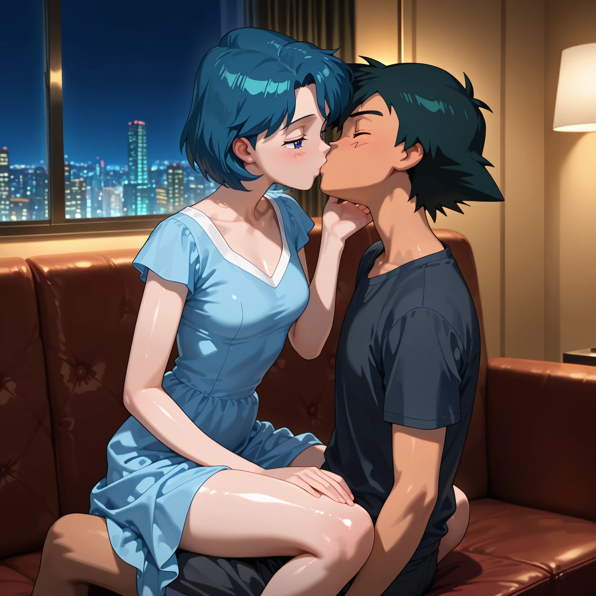 masterpiece, amazing quality, best quality, ultra-detailed, 8K, illustration, clear skin, ultra-detailed-eyes, soft skin, very awa, very as2, shiny skin, shiny hair, soft body, 90's style, official art, Highly detailed, hetero, (duo focus), highres, 1man, 1woman, BREAK, 1man, ash ketchum, aged up, black hair, Ash's face like a adult man, ash muscular, brown eyes, handsome boy, good looking boy, Black shirt, black shorts, white tenis, break, 1woman, ami mizuno, blue eyes, blue hair, short hair, parted bangs, small breasts, sexy blue dress, blue dress, hot body, sexy body, hotel, room hotel, fancy room, night , sofa, view to the city, looking at each other, sexual tension, alone, dark colors, each one in a corner, separated, desire, sit in the sofa, looking at each other so close, closed eyes, kissing, girl on knees on top of ash, she's hands on boy's face
