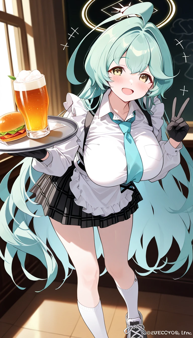 巨作, 品质最佳, high resolusion, Dragon Ball, blmlong, aqua hair, Blunt Bangs, Long hair, Playboy bunny, bunny ears, Black pantyhose, red bow tie, Wrist cuffs, black leotard, Large breasts, Restaurant, holding tray, food, beer,