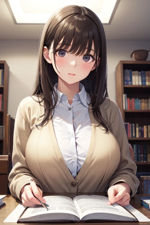 A beautiful young student wearing a long sleeve black jacket, holding a book, her large breasts accentuated, in a stunning, highly detailed, photorealistic masterpiece, 8K resolution, with fully detailed hands and fingers, classroom background