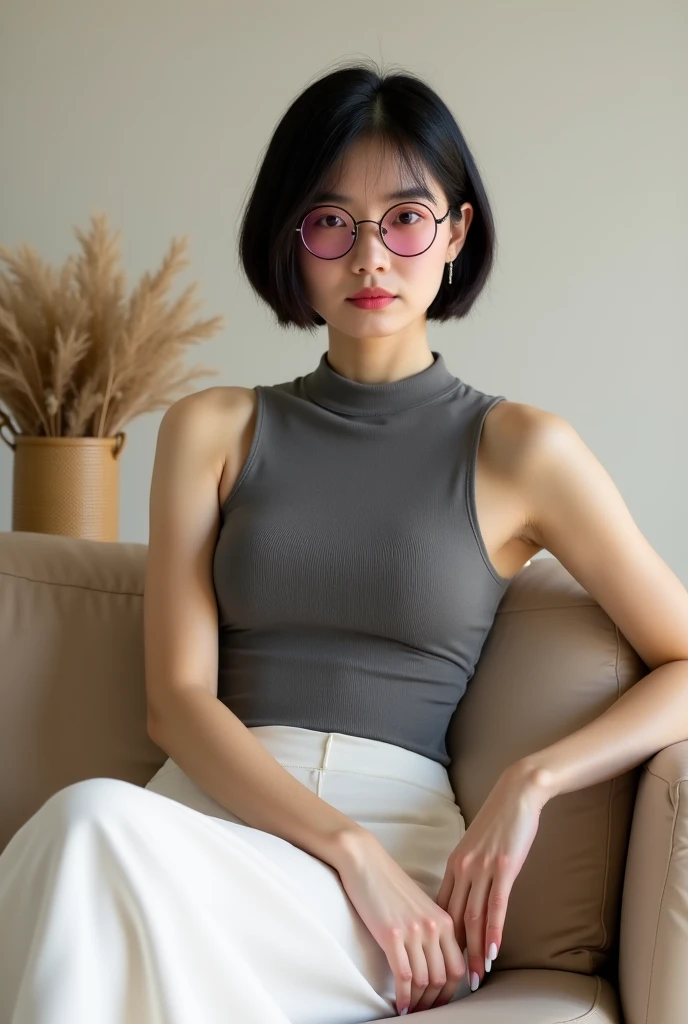 1 asian girl black bodysuits and black thigh high socks short hair glasses at home