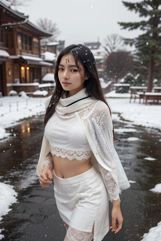 (Best quality, 8k, 32k, Masterpiece, UHD:1.2),Photo of Pretty Japanese woman, 1girl, (medium light brown half updo), double eyelid, natural mideum breasts, slender legs,(Slender body),large hip,off_white knit sweater, checkered skirt, snow heeled boot, standing on stairs on shrine, snowy shrine, heavy snow on shrine, fashion model posing, unforgettable beauty, look at viewer, sexy smile, closed to up, lifelike rendering, detailed facial features, detailed real skin texture, detailed details,camel toe,((sexy panty)), No Bra, (Hard Nipples Through Shirt),