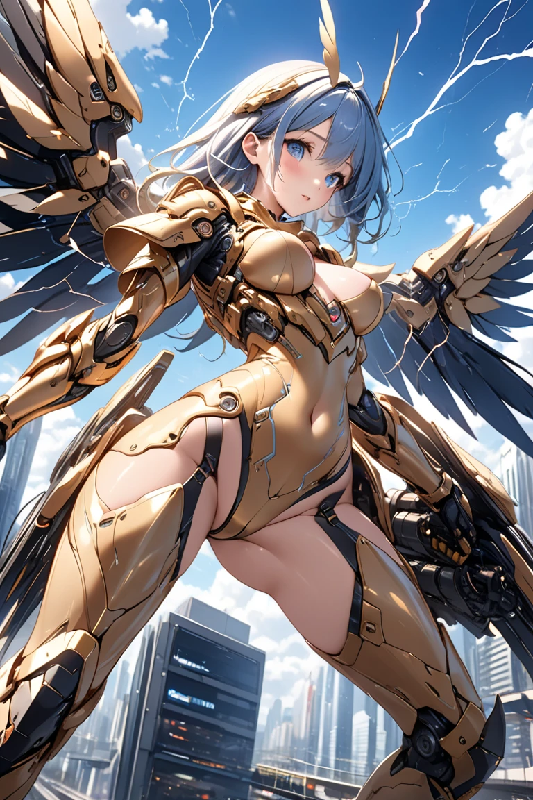 fantasy, 1angel_girl,child, loli,brown_hair, medium_bob_hair, long_bangs, halo,bare_shoulder,thighhighs,silver_armor, waist_armor, large_breasts,grinning,teeth, 1pair_wings, dynamic_pose_fighting,floating, bare_crotch, headgear,gauntlet, greaves,city_sky_background,slightly_spread_legs, solo, groin_naked