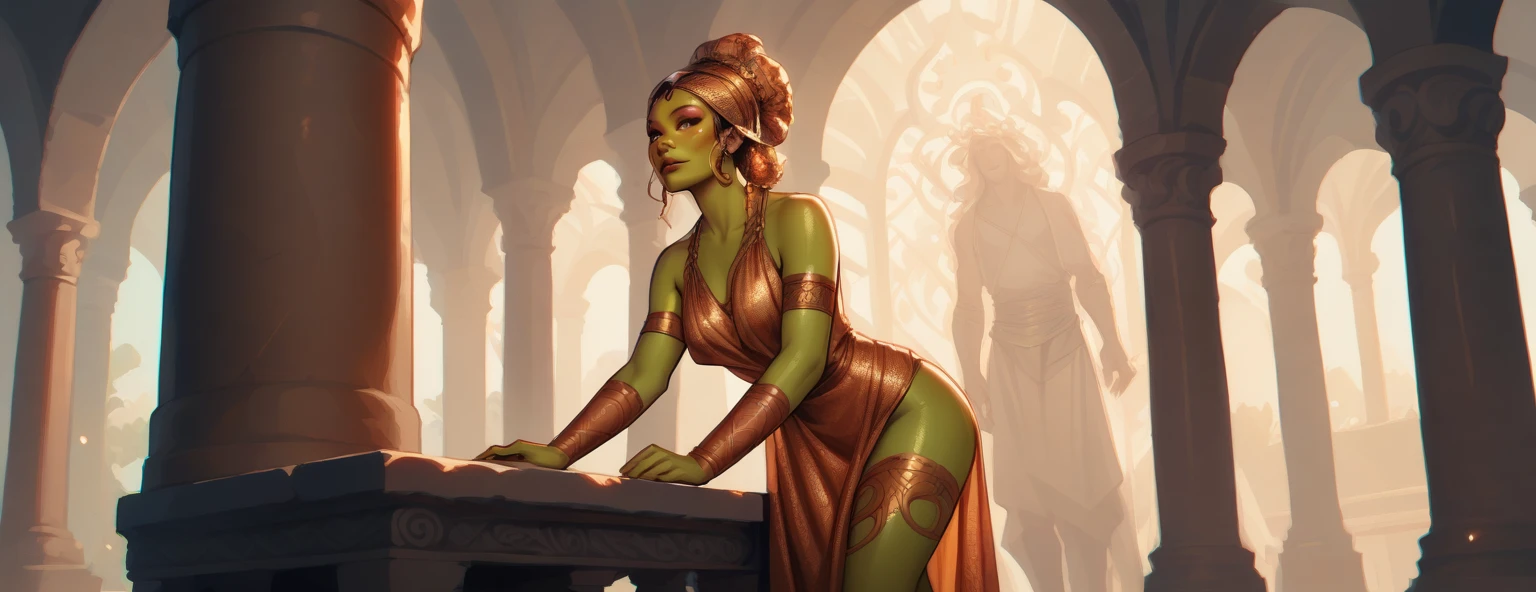 (best quality, masterpiece, highly detailed), 1girl, (green skin), sexy busty Twi'lek, large breasts, ((topless)), view from behind, looking over shoulder, arms crossed over chest, gold and black bikini, gold, ornate metal bra, metal lace, gemstones, jewelry, long skirts, armlets, pelvic curtain, Star Wars, lekku stripes