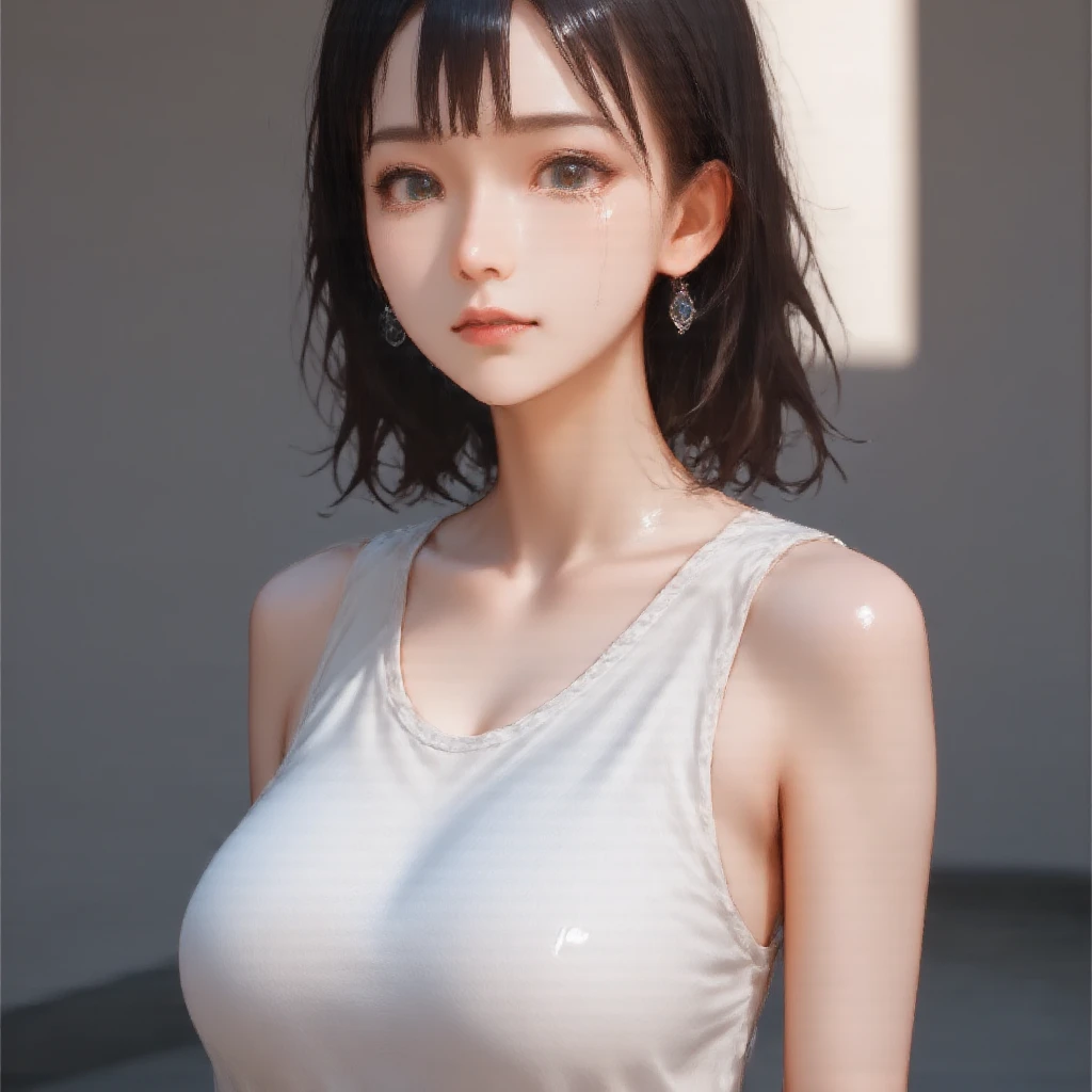 (masterpiece, best quality:1.2), sfw, 1girl, solo, solo focus, looking at viewer, camisole, miniskirt, pokies, Sensual posture, beautiful, beautiful face, short hair, sexy idol gorgeous face, female model, 19 years old, realistic young gravure idol, upright, short black hair, cute, outdoor, 