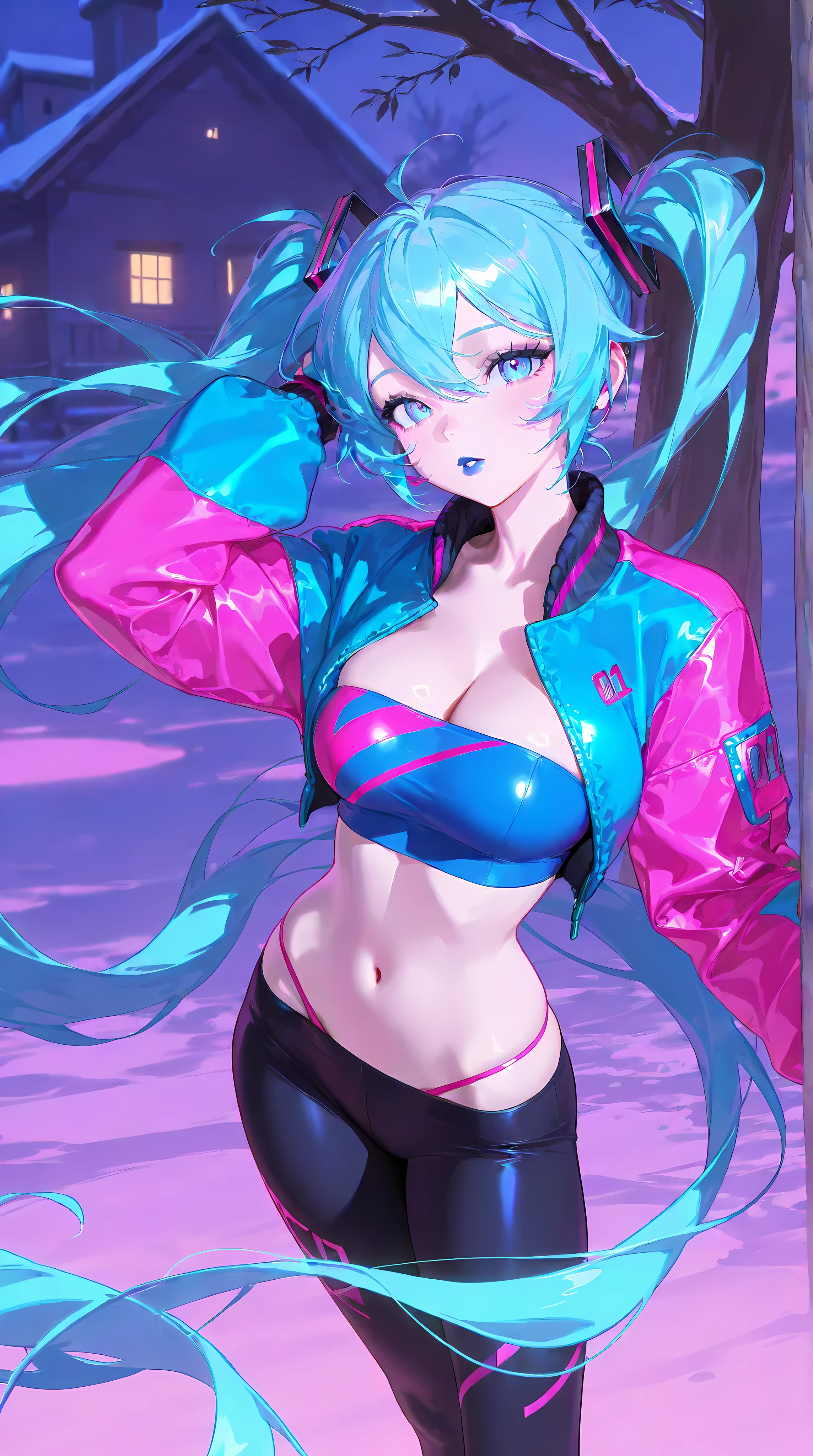1girl, large breasts, breasts, thick thighs, hourglass figure, toned, smile, light smile, blue hair, light blue hair, blue eyes, very short hair, pixie cut, shoes, sneakers, thighhighs, bikini, black bikini, jacket, black jacket, open jacket, neon trim, neon, neon lights, blue trim, tech, machinery, science-fiction, futuristic, bunny ears, rabbit ears, cropped jacket, ((cropped jacket))