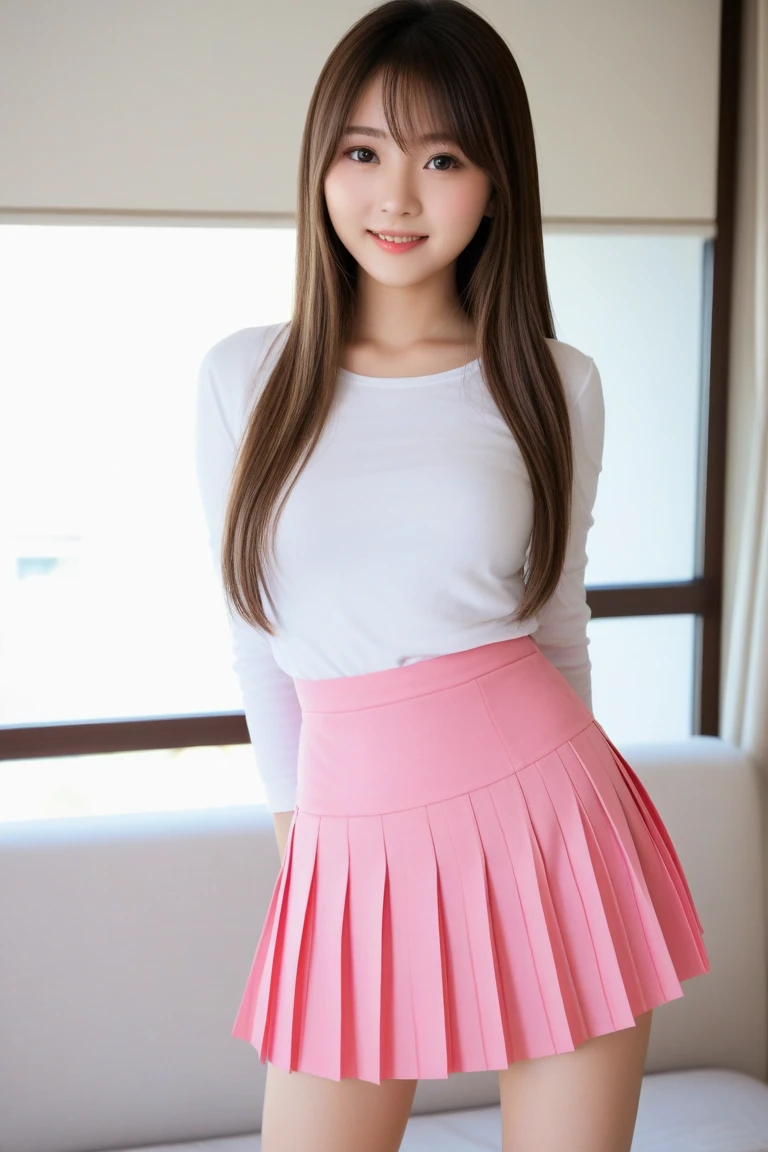 Korean girl with light brown hair in a half ponytail or loose with soft waves, big hazel eyes, light skin with a natural pink tone.Style: Fresh and youthful, with bright colored skirts and tops and heels