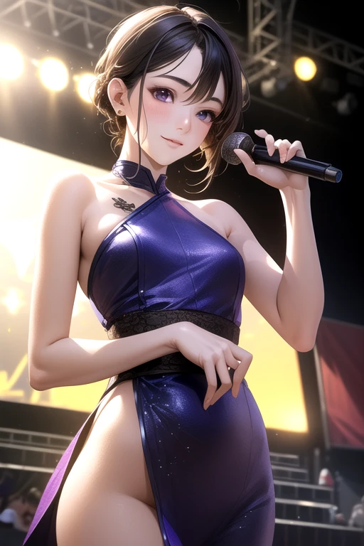 (belly), (crop top look), 18 years old, Japanese female, idol, whole body, fantasy image, watercolor painting, concert, singing while dancing, standing, gypsophila, neat, front, Ghibli anime painting, glitter, Rainbow colors, short hair, hair blowing in the wind, slender, cute, see-through, floral costume, pastel lighting, confetti, miniskirt, big breasts more_details:1.5, photorealism, highly detailed