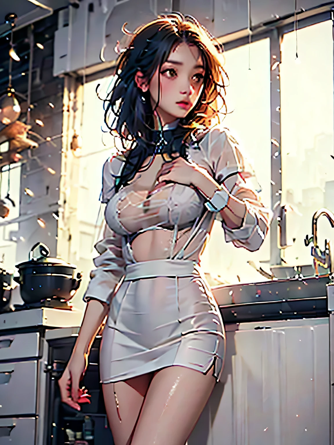 HD、high resolution、photo quality、4K、 woman standing in the kitchen 、black tight miniskirt、 see-through blouse、early morning、soft light、My chest is showing、composition looking up from below、