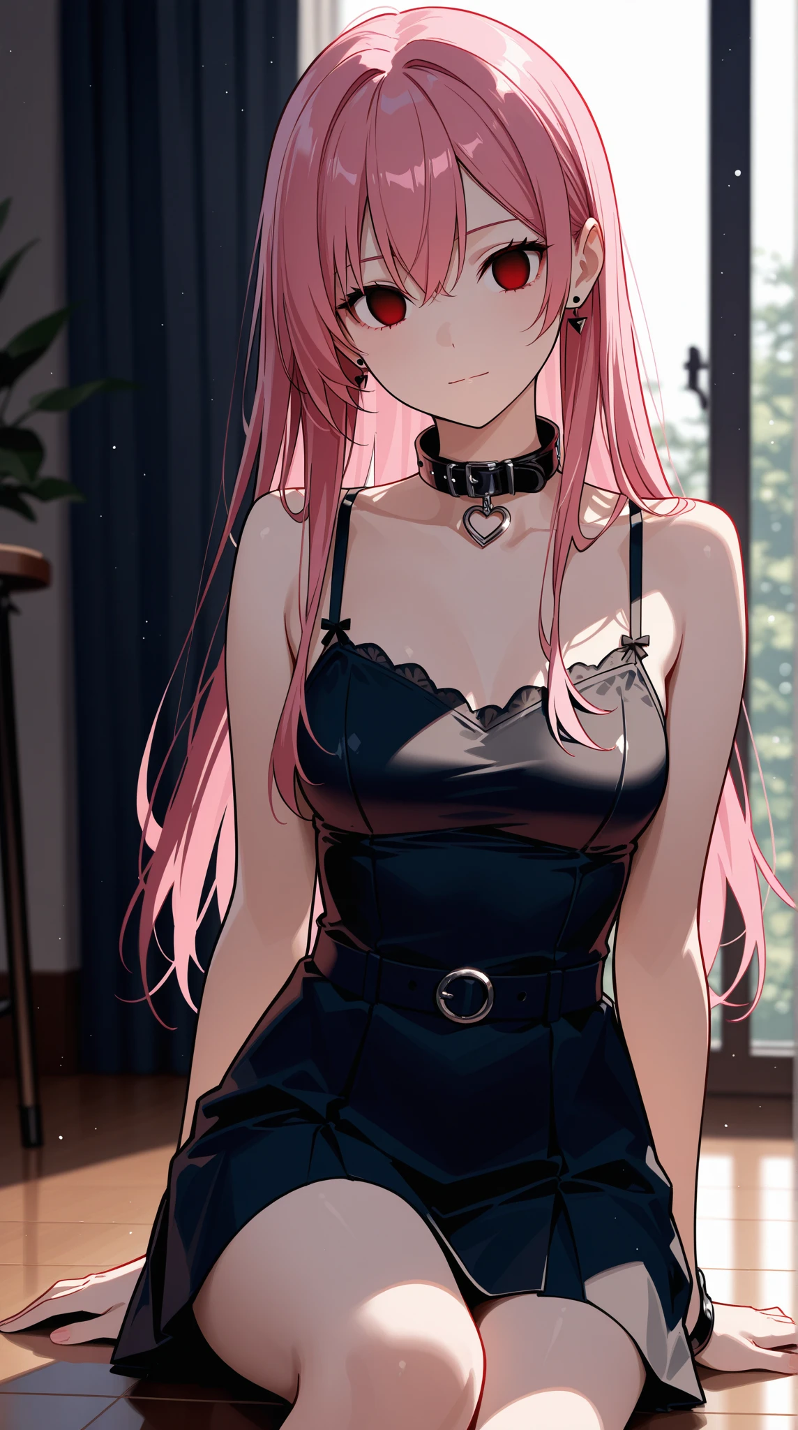 Photograph of the upper body of a beautiful woman, , [see through] , (big breasts), (small waist, perfect body), Sharp focus, (tall body, mature woman), ((Looking ahead)), (Highly detailed skin, hair follicles:1.4,) (pink long hair,green eyes) , (black t-shirt:1.47),(Pants stand)chain,punk rock