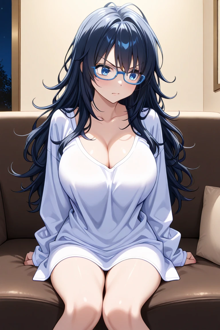 ((1girl)),((single)), chisato Hasegawa((Extremely detailed CG unity 4k wallpaper)),(Masterpiece),(ultra quality),(ultra detailed),(best illustration),(best shadow ),(extremely detailed),(absurdities),(detailed background), curvy body, cowboy shot, dynamic posture, large breasts, narrow waist, wide hips, medium thighs, round butt, sweater, black hair, long hair, hair aerial, glasses, mature, adult woman, blushing, green eyes, beautiful detailed eyes, jewelry, cleavage, looking at viewer, suductive gaze, necklace, off-shoulder sweater, off-the-shoulder, collarbone, leggings, bangs, nail polish , alone, earrings, standing, Japanese apartment, night, moon, cityscape, window, city lights, mouth closed, ruffled shirt, backlit, indoors, sofa, looking forward, ((focus on breasts) ), pov (from the middle), perfect anatomy, perfect hands