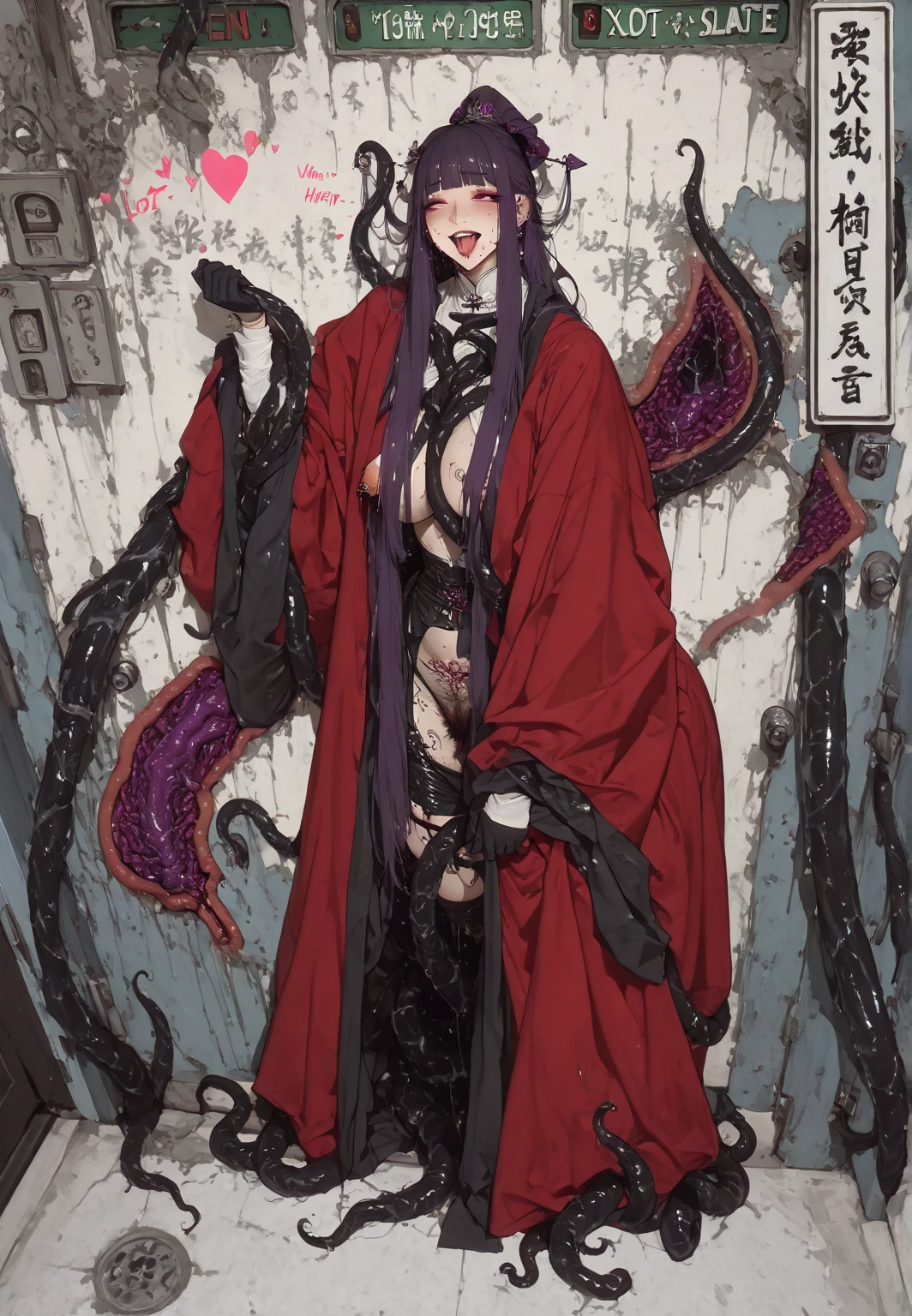 2 dark skinned girls, very detailed purple irises, wearing summoning robes, summoning circles, long hair, curled hair, covered in cum, holding ancient goblet full of cum, smiling, wrapped in tentacles, tentacles ripping off robes, kissing big black demon monster man