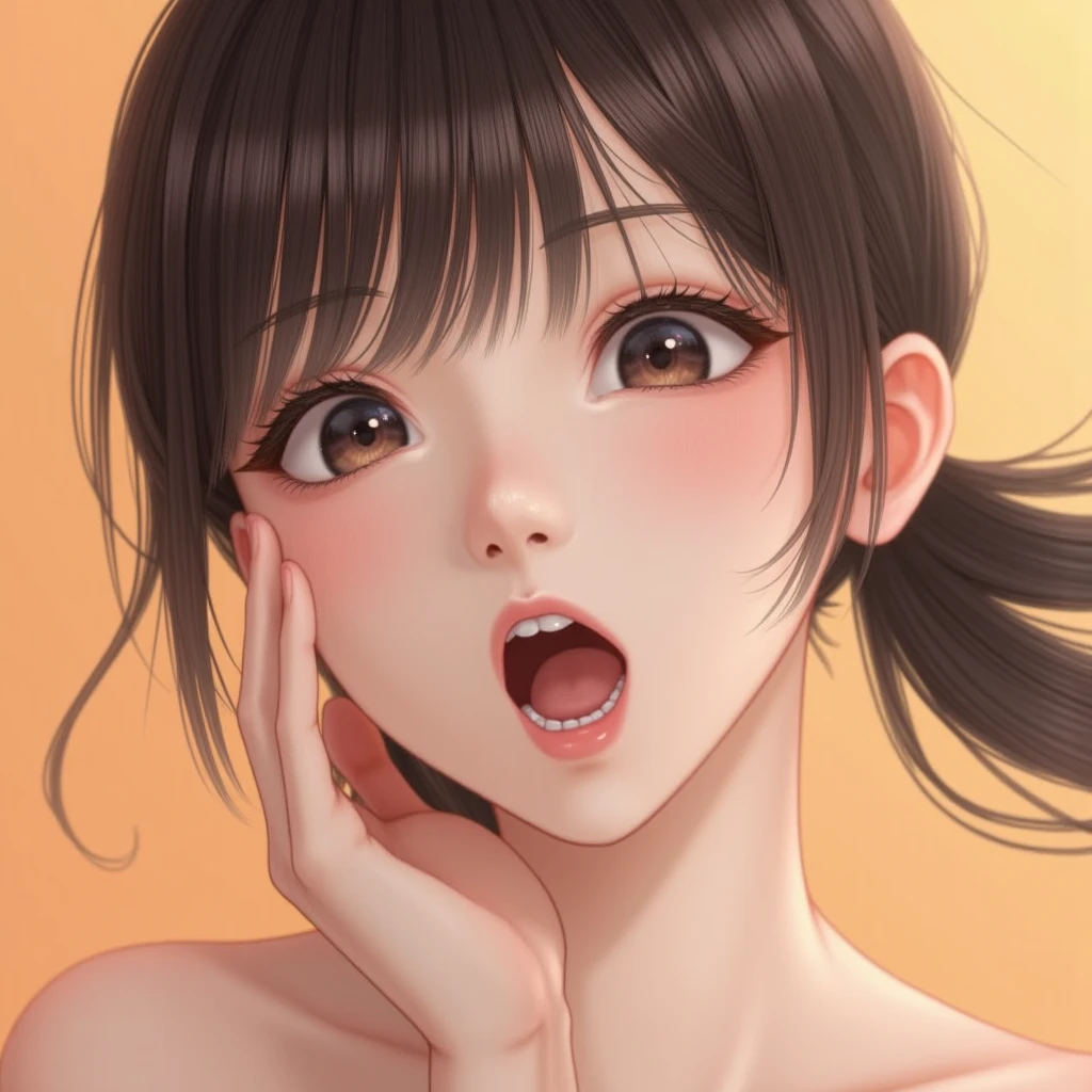 close up head photo, extremely detailed wide open mouth, a 21 year old girl licking her own hand fingers with a lot of saliva, saliva drooling, tongue out, ahegao face, her fingers touching her hand, brunette, coquette bun, totally nude, low angle, from below