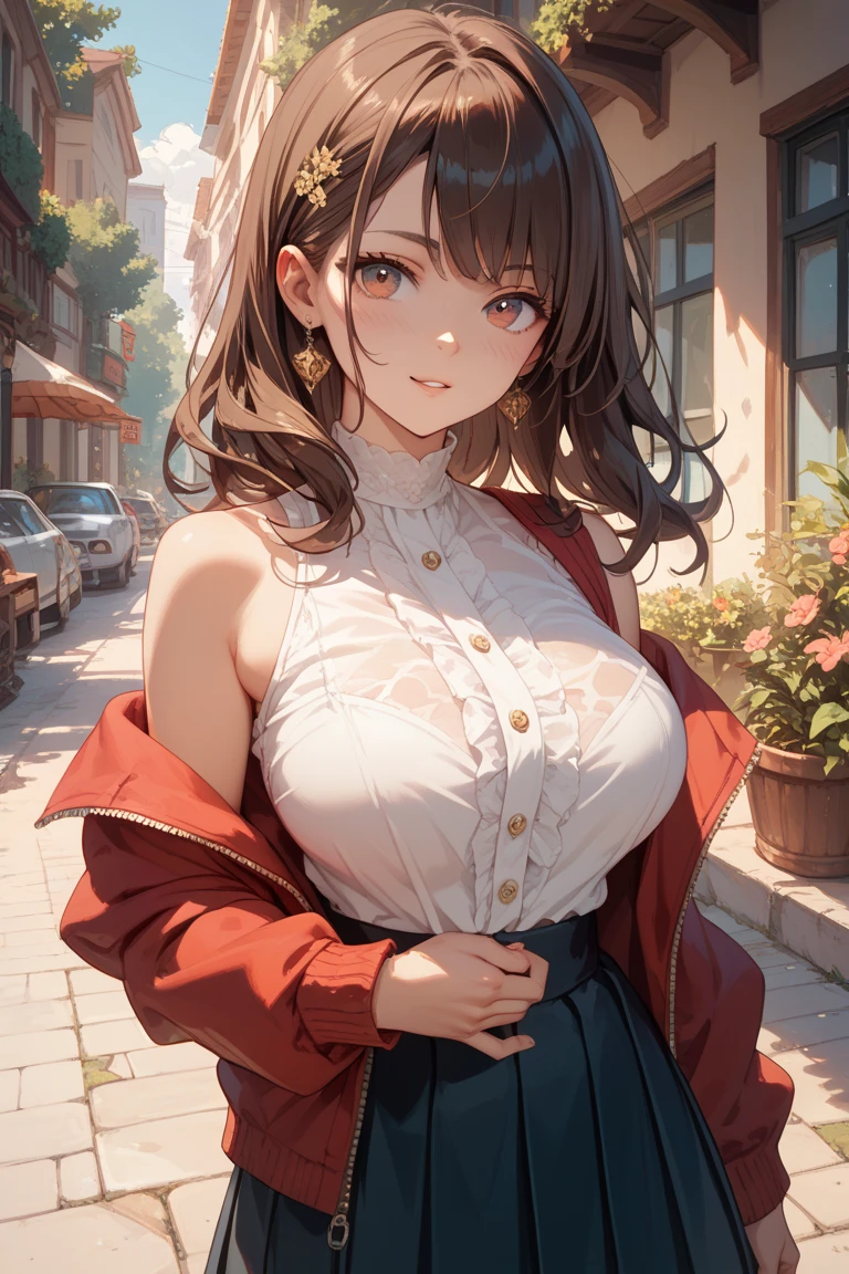 1 standing woman, mature woman, /(ribbed sweater/) /(red plaid skirt/) Beret Necklace, /(brown hair/) bangs, A gentle smile with a blush, (Masterpiece of the highest quality:1.2) Delicate illustrations super detailed, big breasts, Lower your arms and BREAK /(outdoor public park/) Brick road, autumn leaves tree々, japanese shrine, detailed background